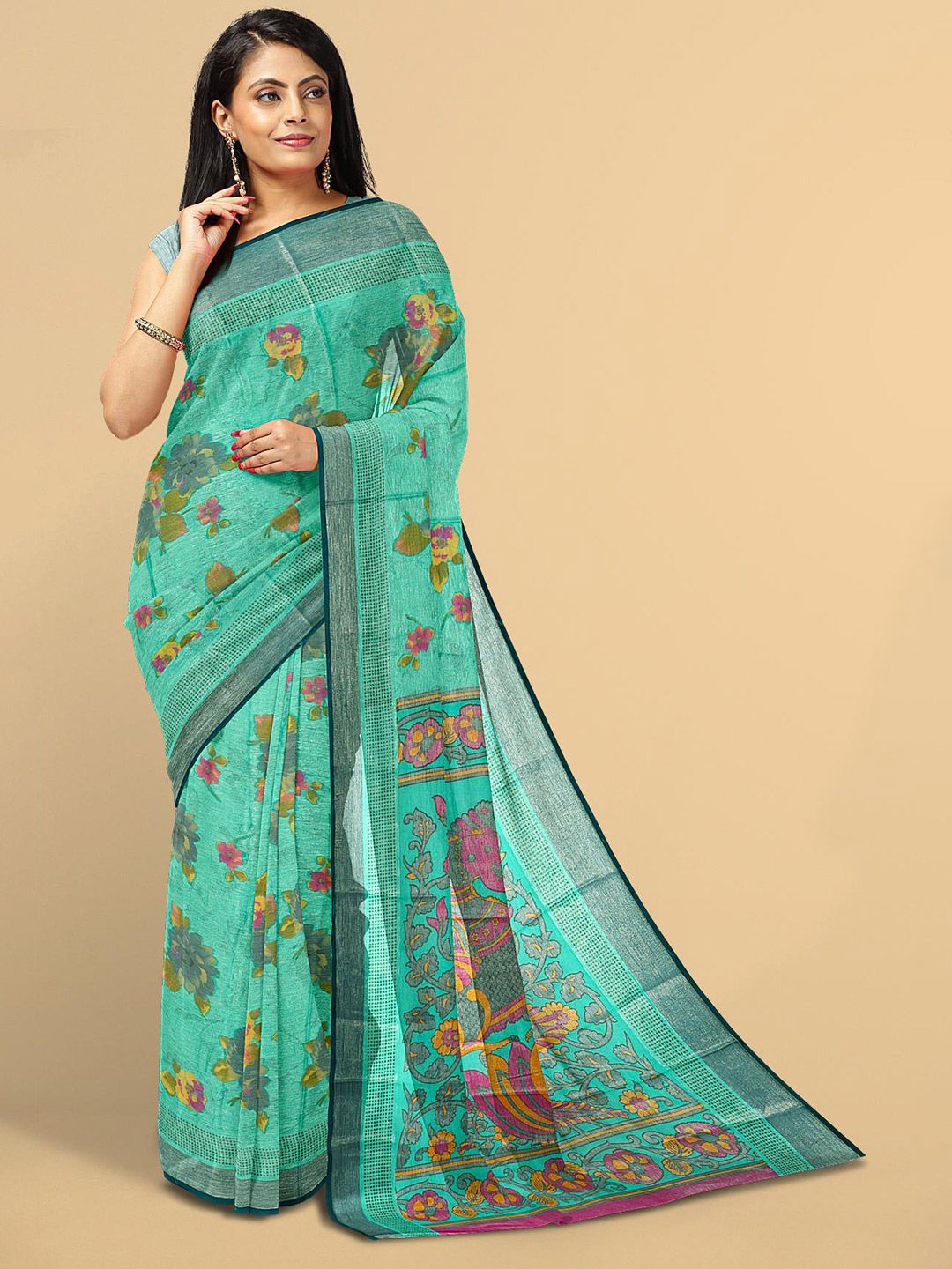 Kalamandir Blue & Pink Floral Silk Blend Saree Price in India