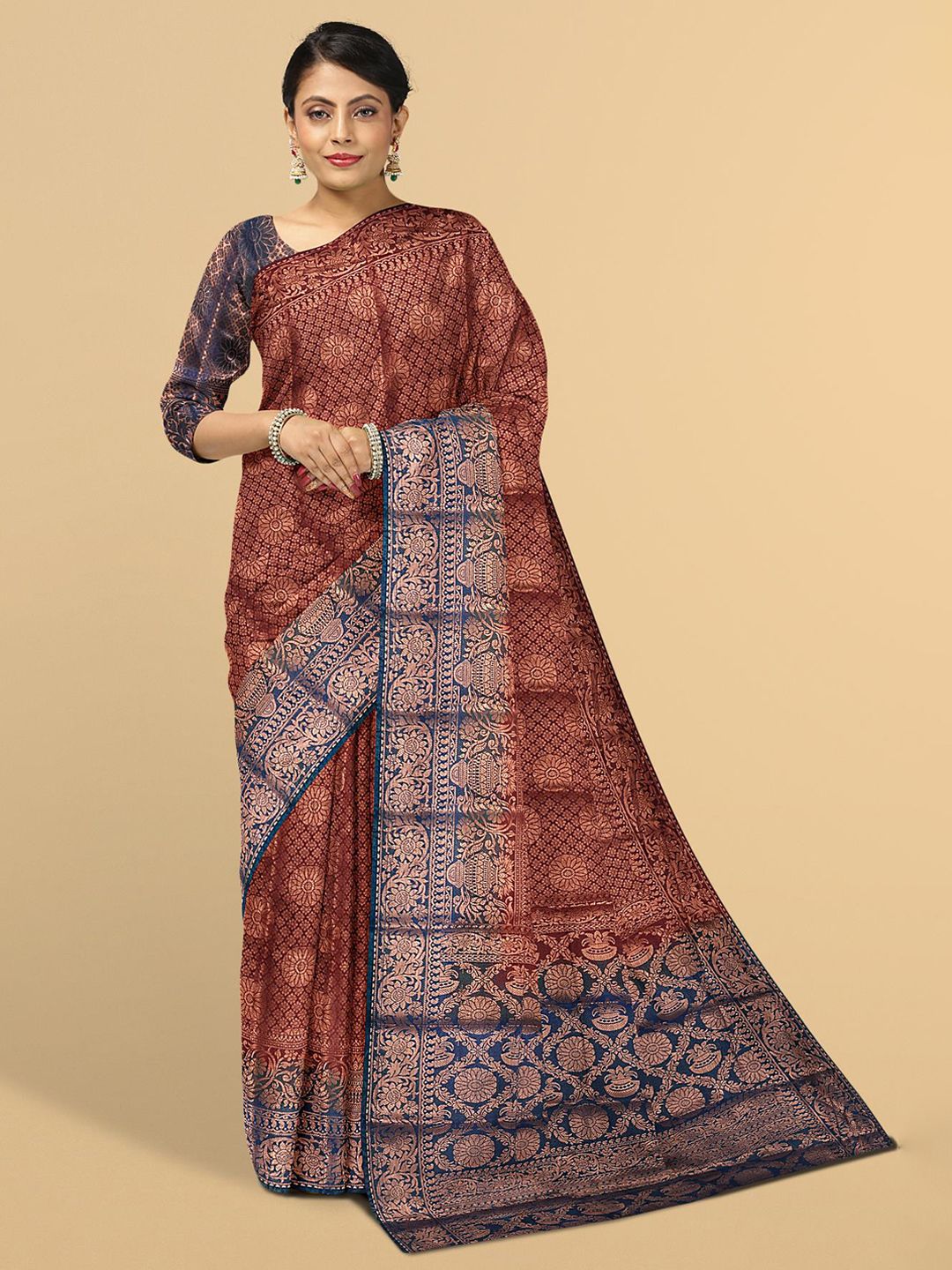 Kalamandir Maroon & Blue Floral Silk Blend Saree Price in India
