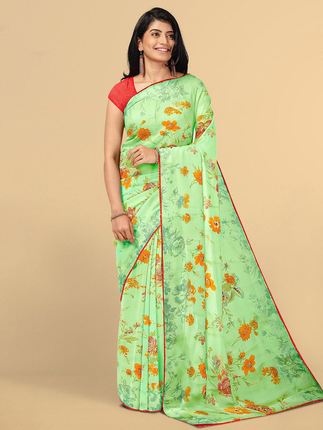 Kalamandir Women Green & Orange Floral Silk Blend Saree Price in India