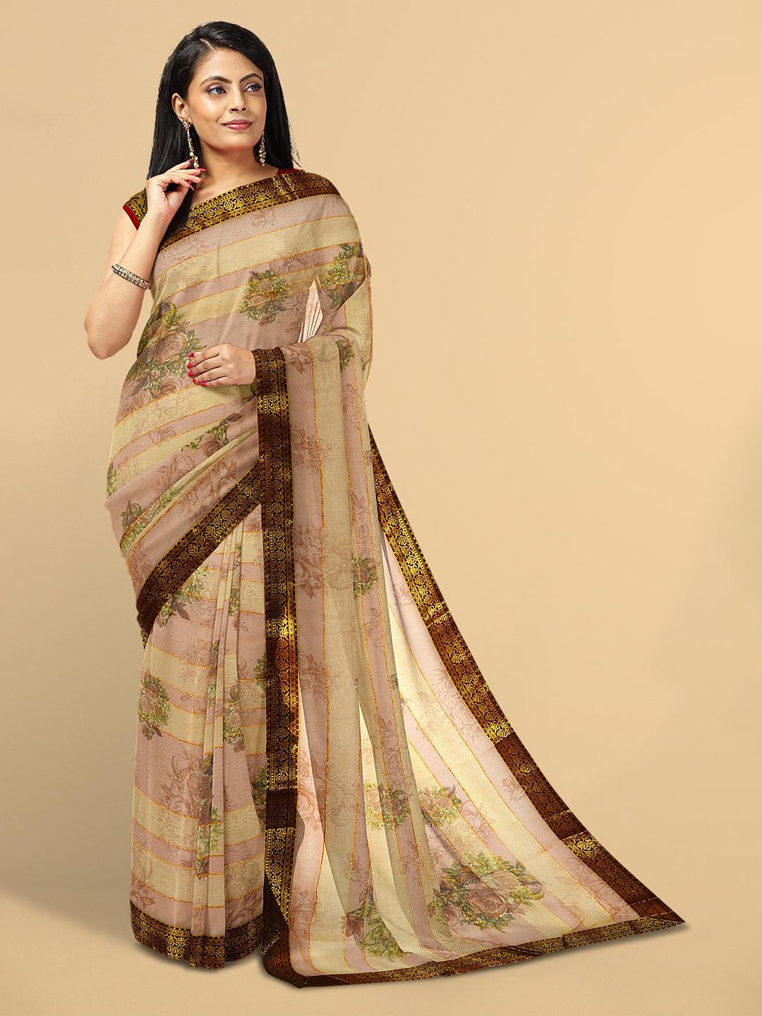 Kalamandir Brown & Pink Floral Silk Blend Saree Price in India