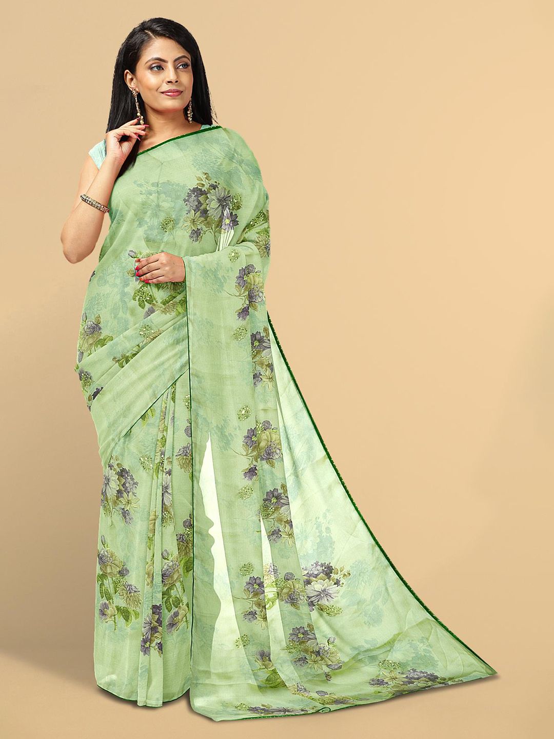Kalamandir Green Floral Silk Blend Saree Price in India