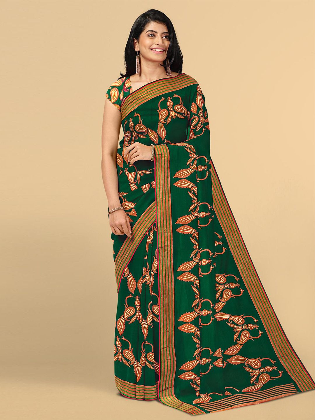 Kalamandir Green & Brown Paisley Silk Blend Saree Price in India