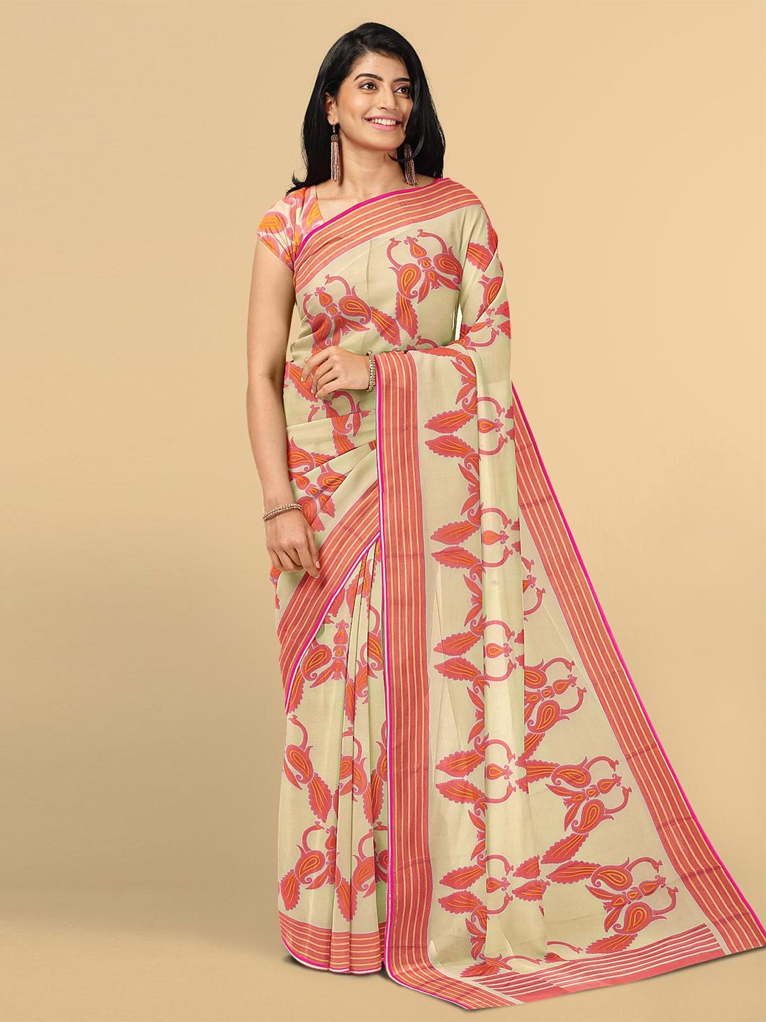 Kalamandir Women Cream-Coloured & Pink Paisley Silk Blend Saree Price in India