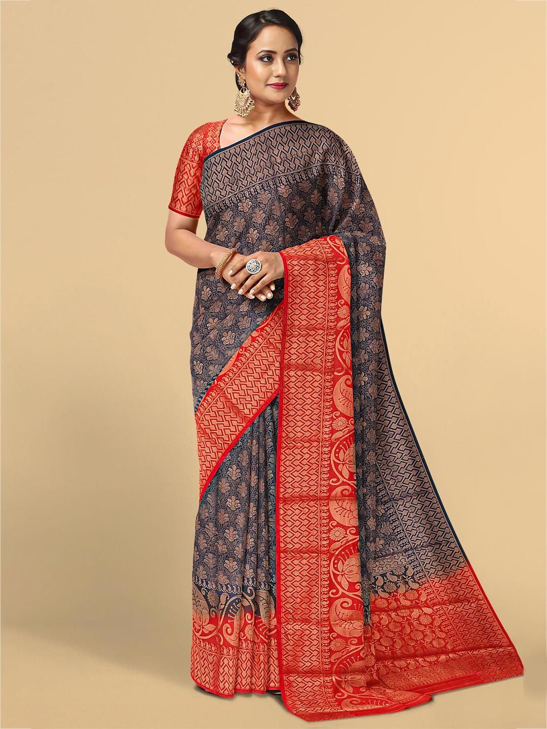 Kalamandir Navy Blue & Red Ethnic Motifs Zari Silk Blend Saree Price in India