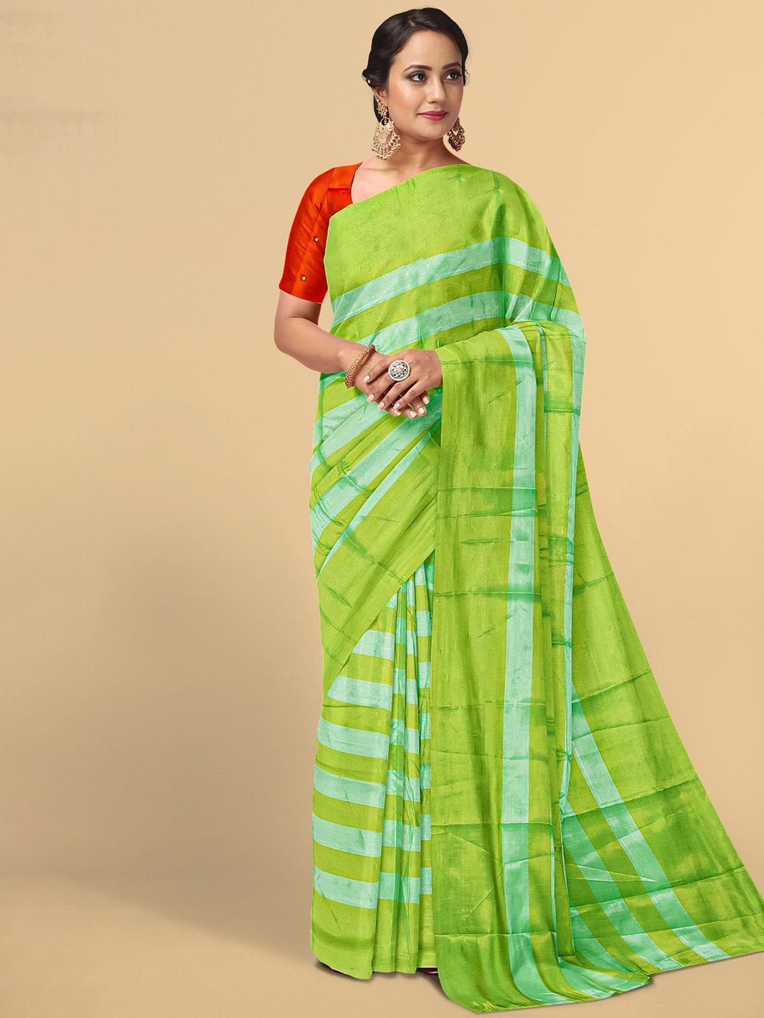 Kalamandir Women Green & Blue Striped Tissue Saree Price in India