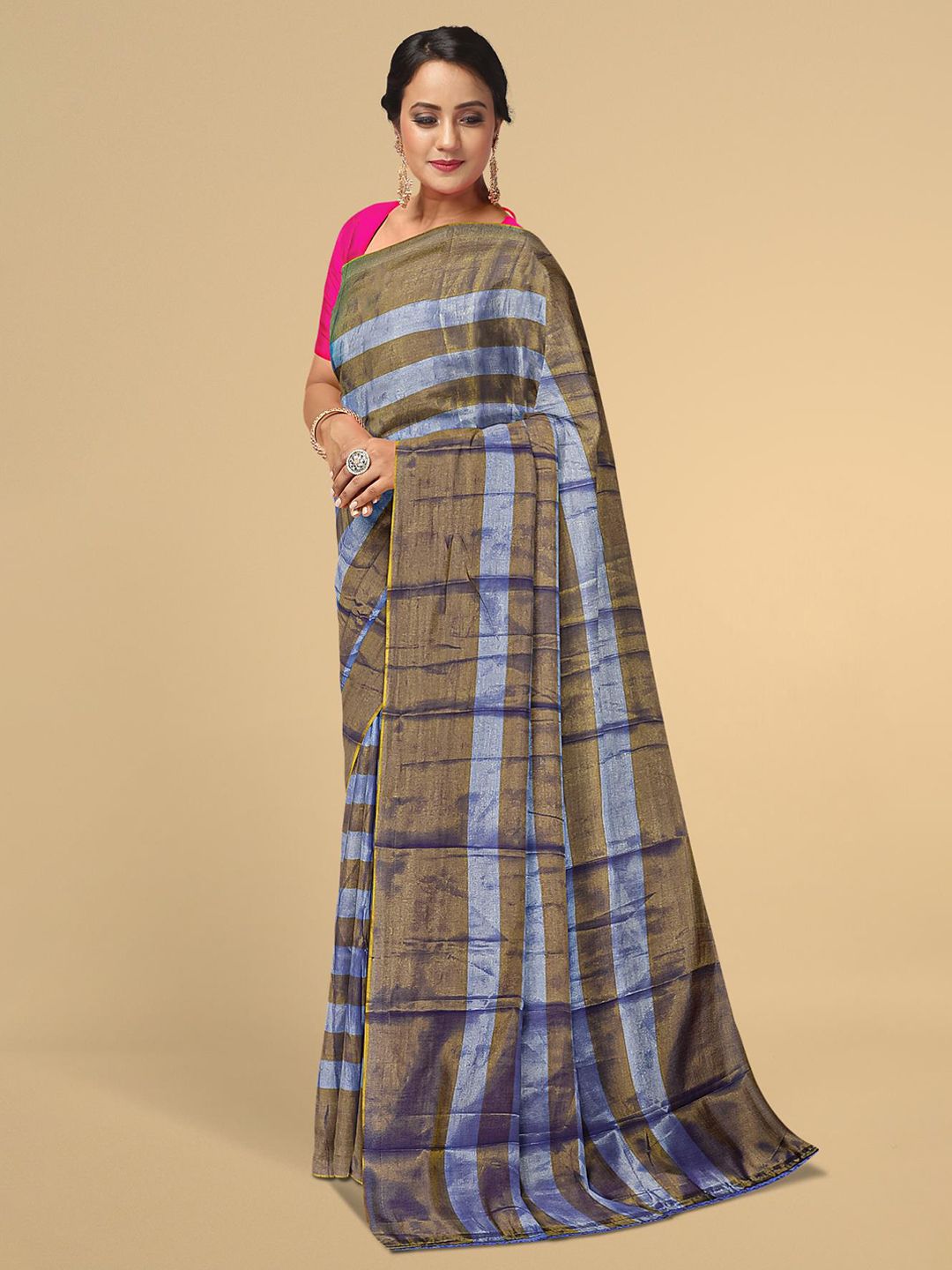 Kalamandir Women Violet & Bronze-Toned Striped Tissue Saree Price in India