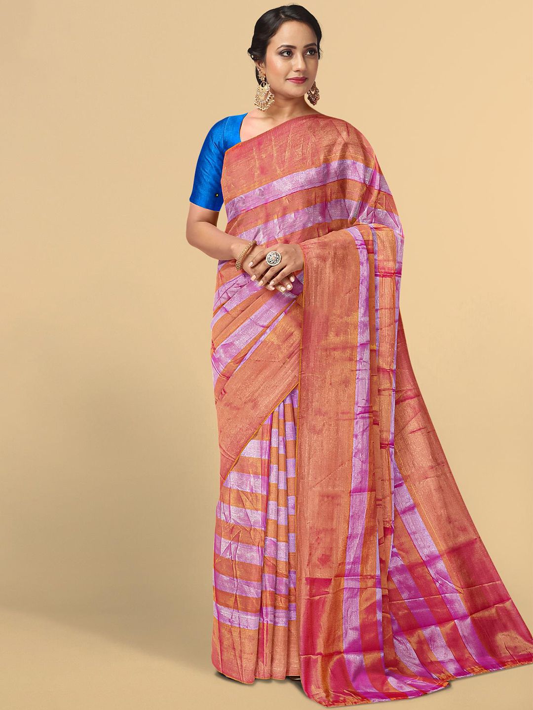 Kalamandir Pink & Brown Striped Zari Tissue Saree Price in India