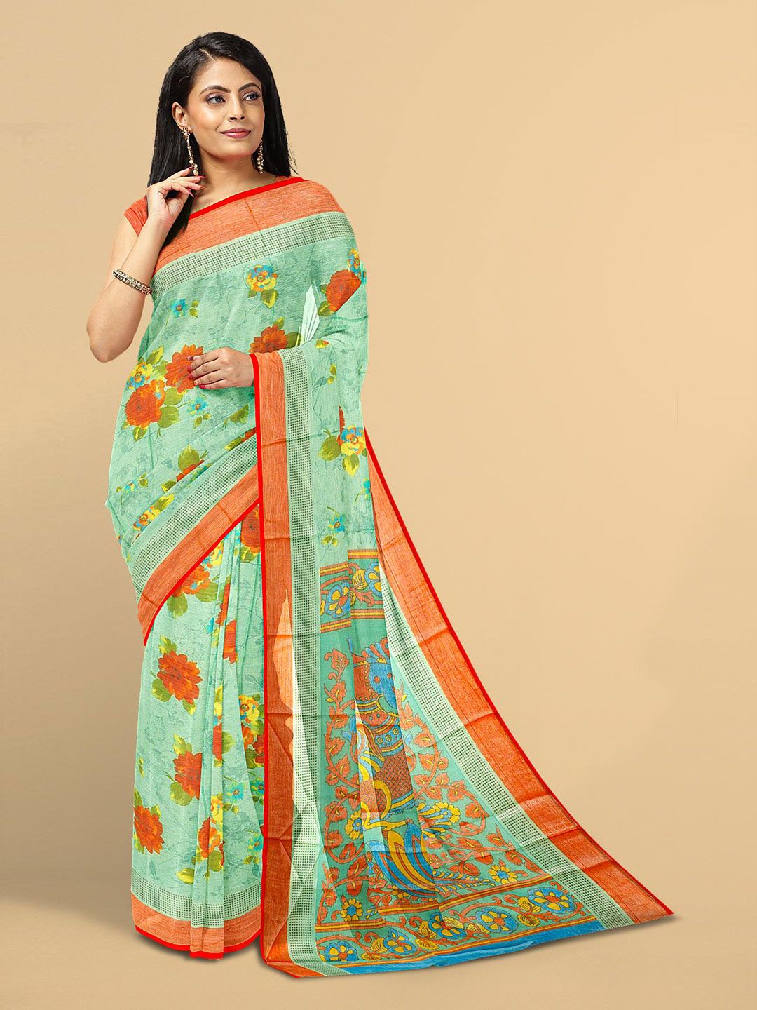 Kalamandir Sea Green & Orange Floral Silk Blend Saree Price in India