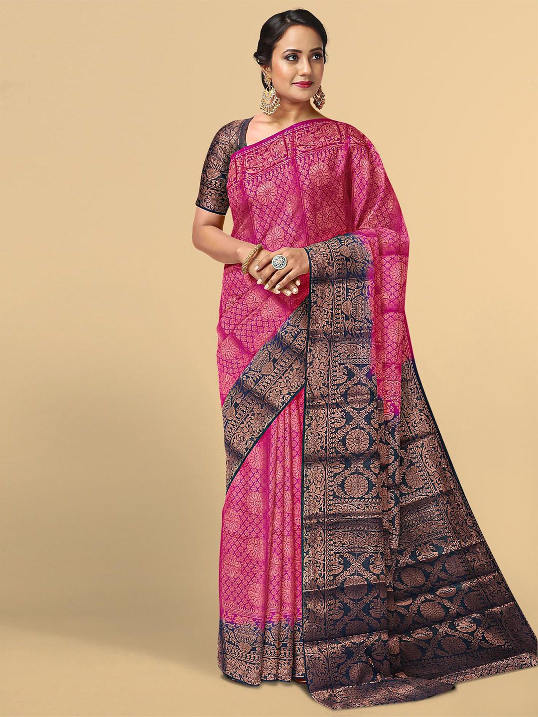 Kalamandir Pink & Blue Ethnic Motifs Zari Silk Blend Saree Price in India