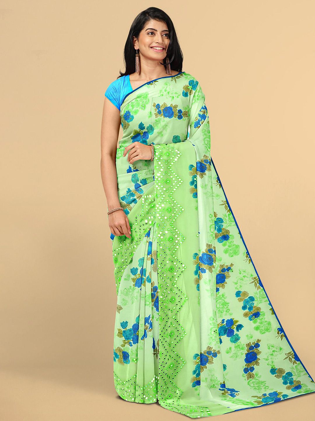 Kalamandir Green & Blue Floral Printed Mirror Work Saree Price in India
