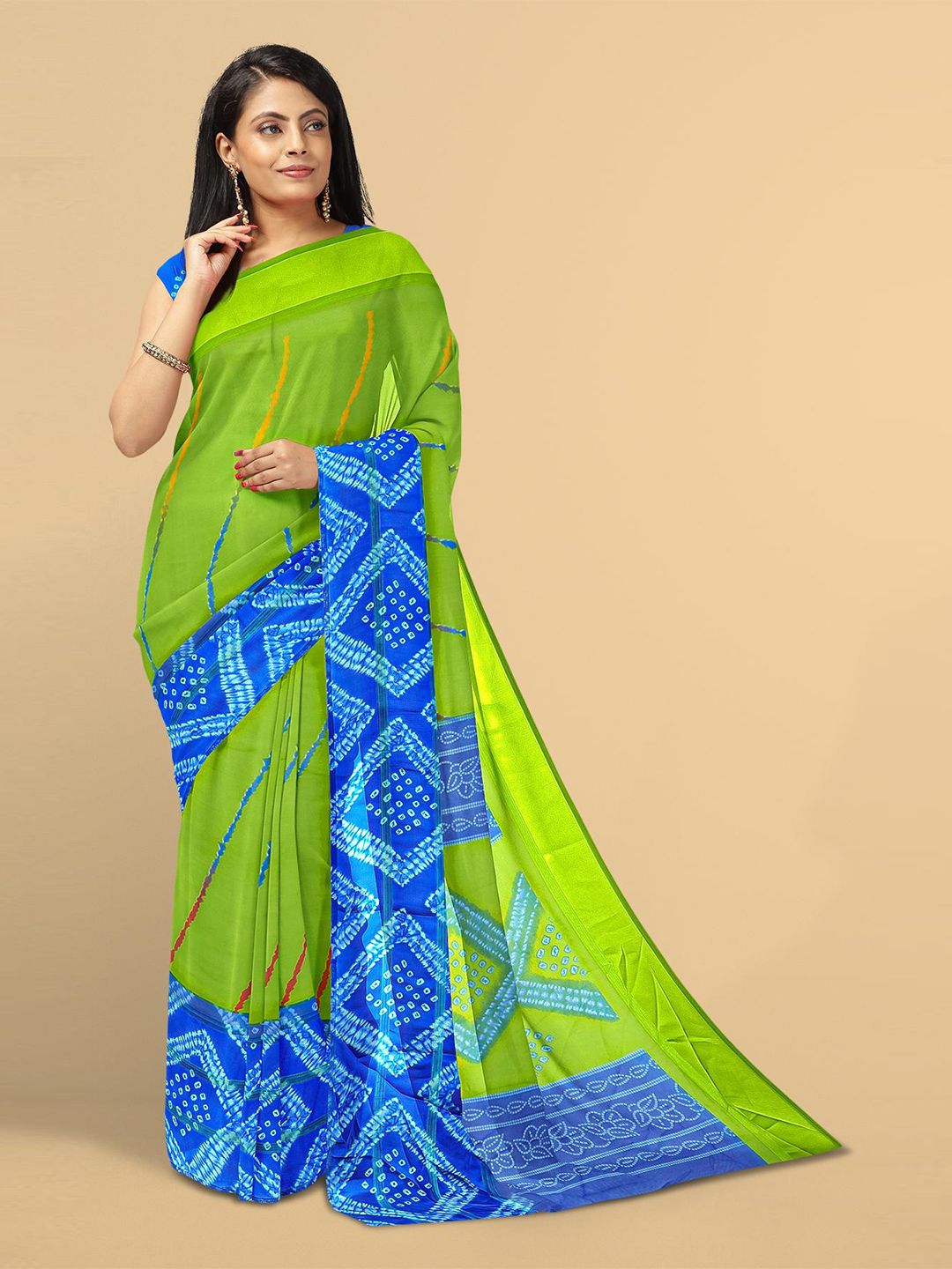 Kalamandir Women Green & Blue Ethnic Motifs Printed Shibori Saree Price in India