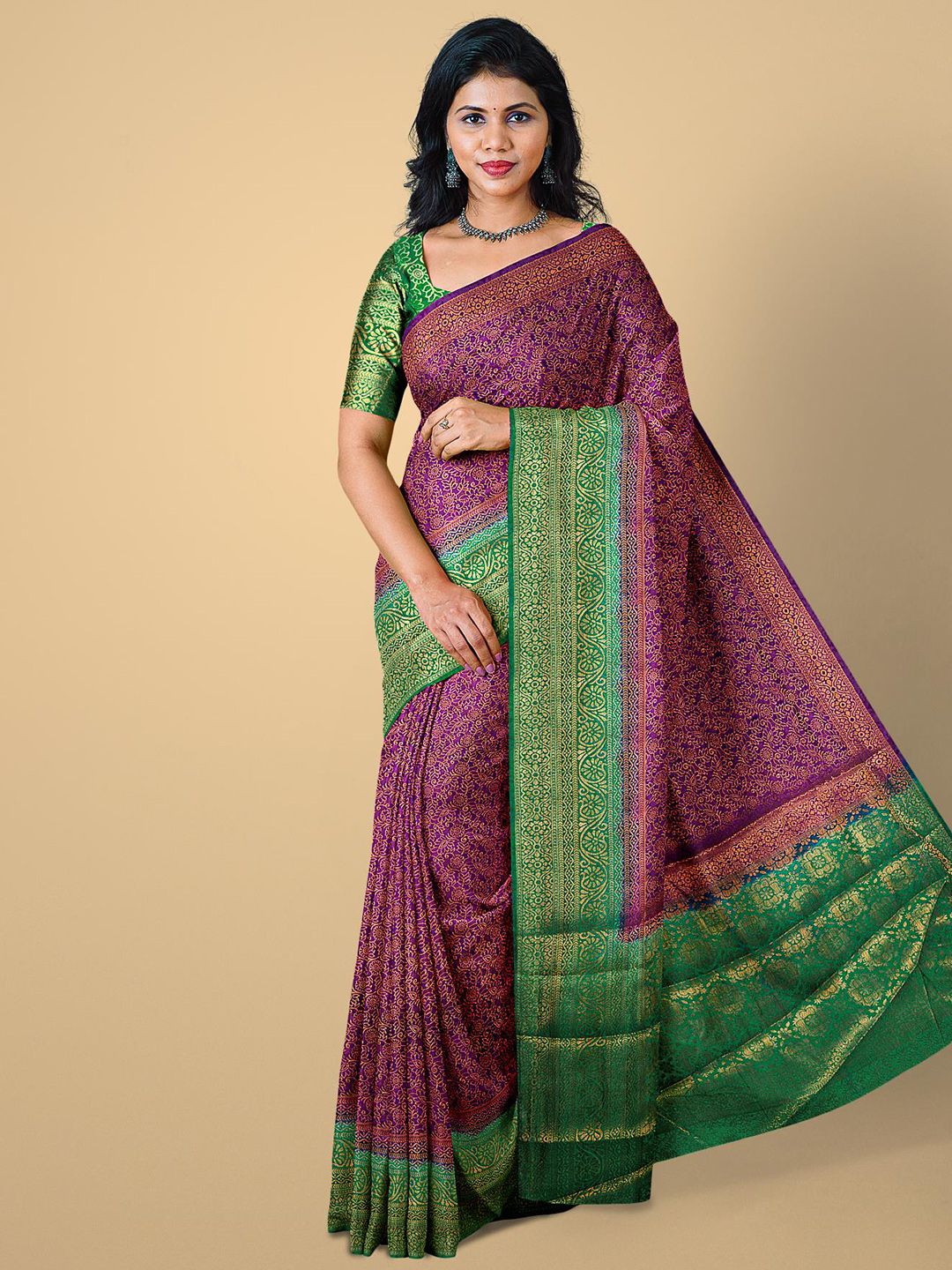 Kalamandir Dark Magenta & Green Floral Print Zari Silk Blend Saree Price in India