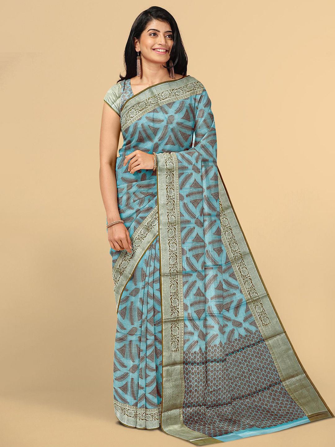 Kalamandir Women Sea Green & Gold-Toned Abstract Print Silk Blend Saree Price in India
