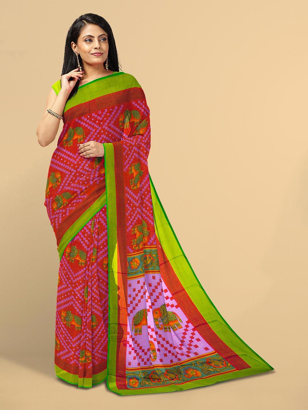 Kalamandir Pink & Green Zari Silk Blend Saree Price in India