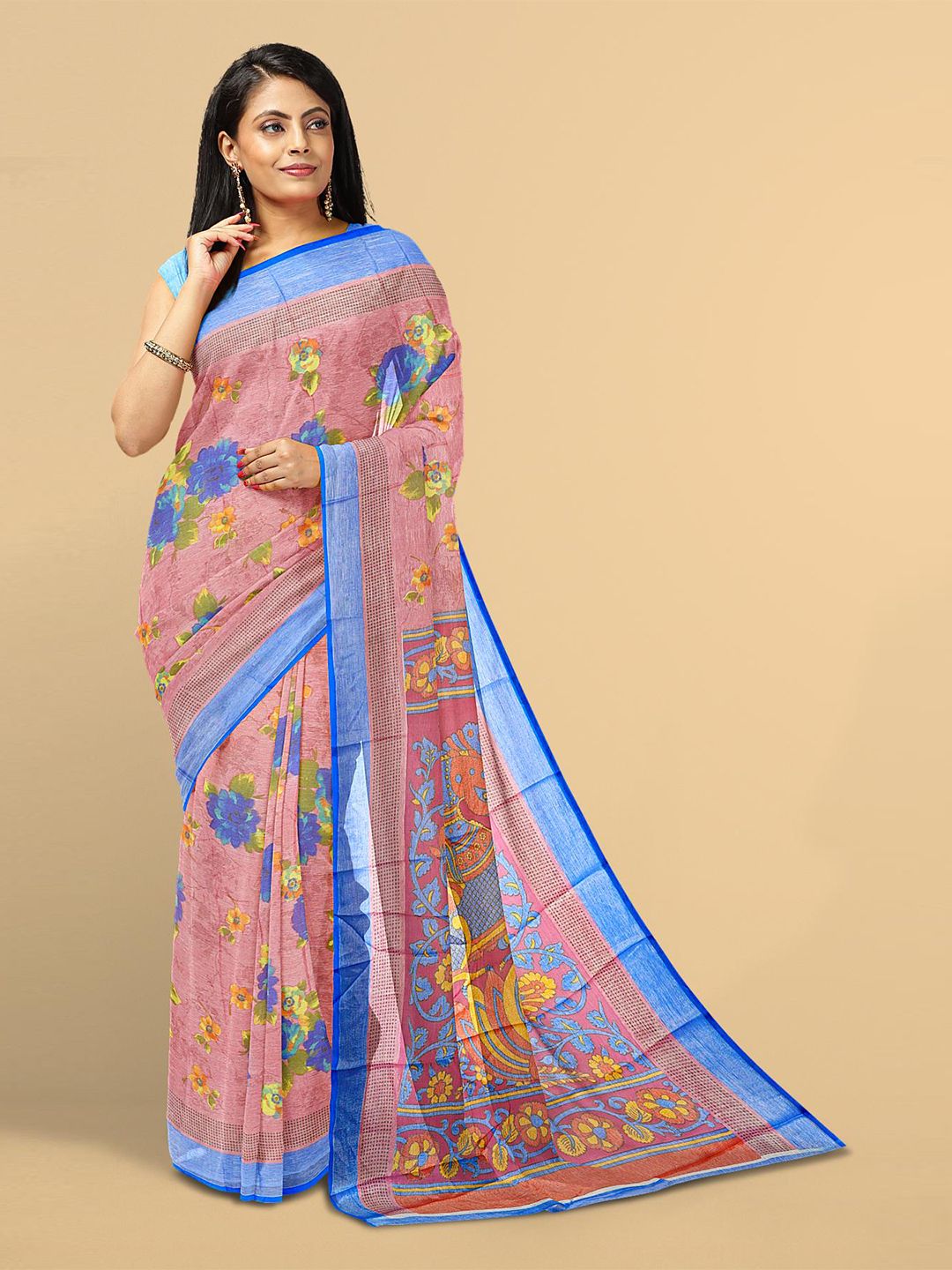 Kalamandir Pink & Blue Floral Silk Blend Saree Price in India