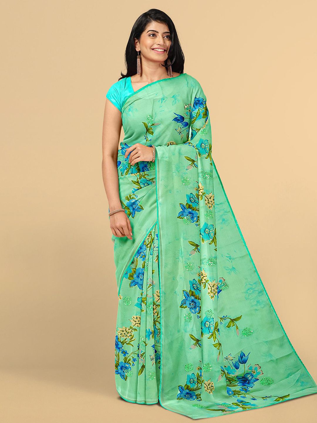Kalamandir Women Olive Green & Green Floral Silk Blend Saree Price in India