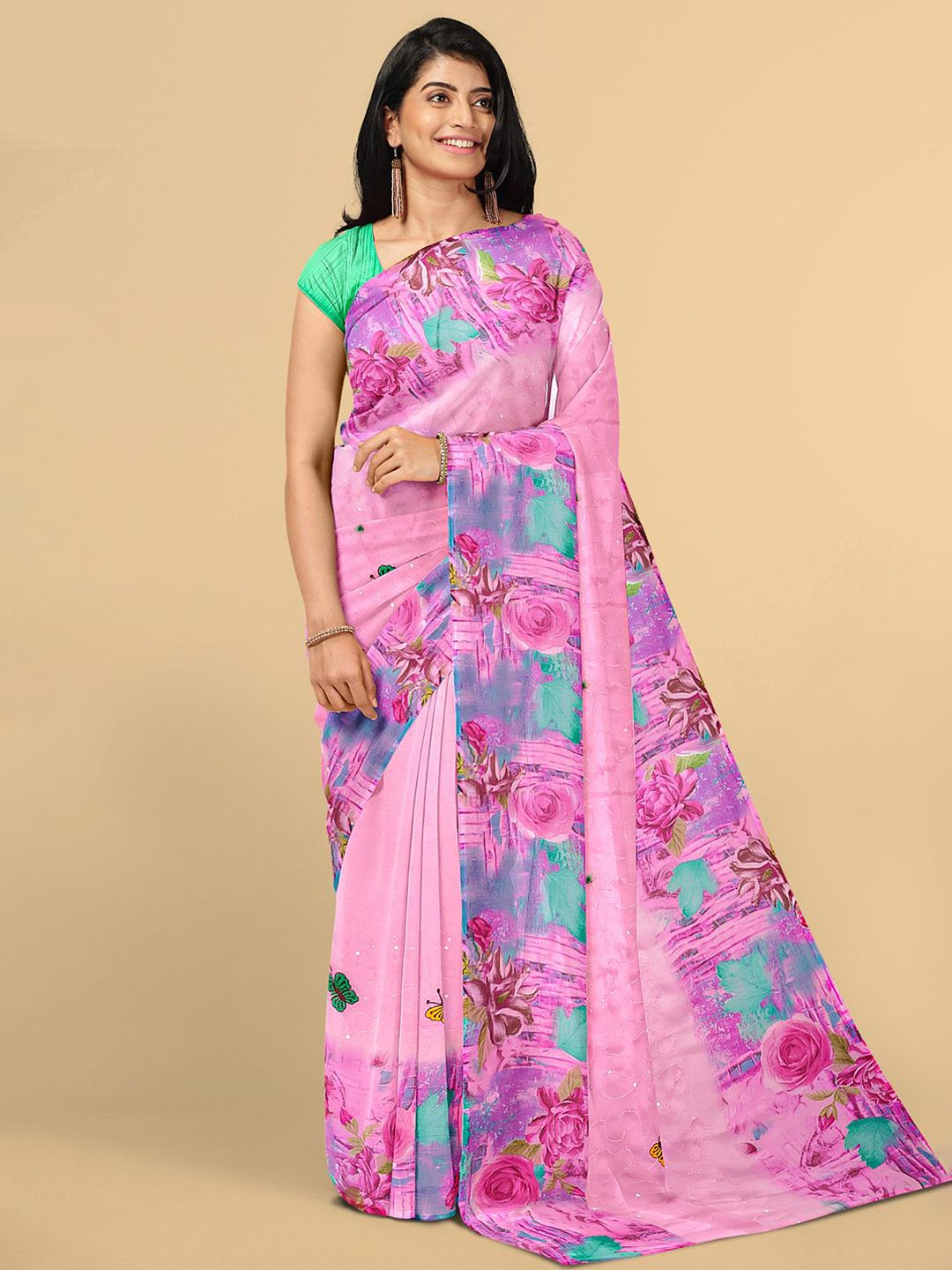 Kalamandir Pink & Blue Floral Printed Sequinned Silk Blend Saree Price in India