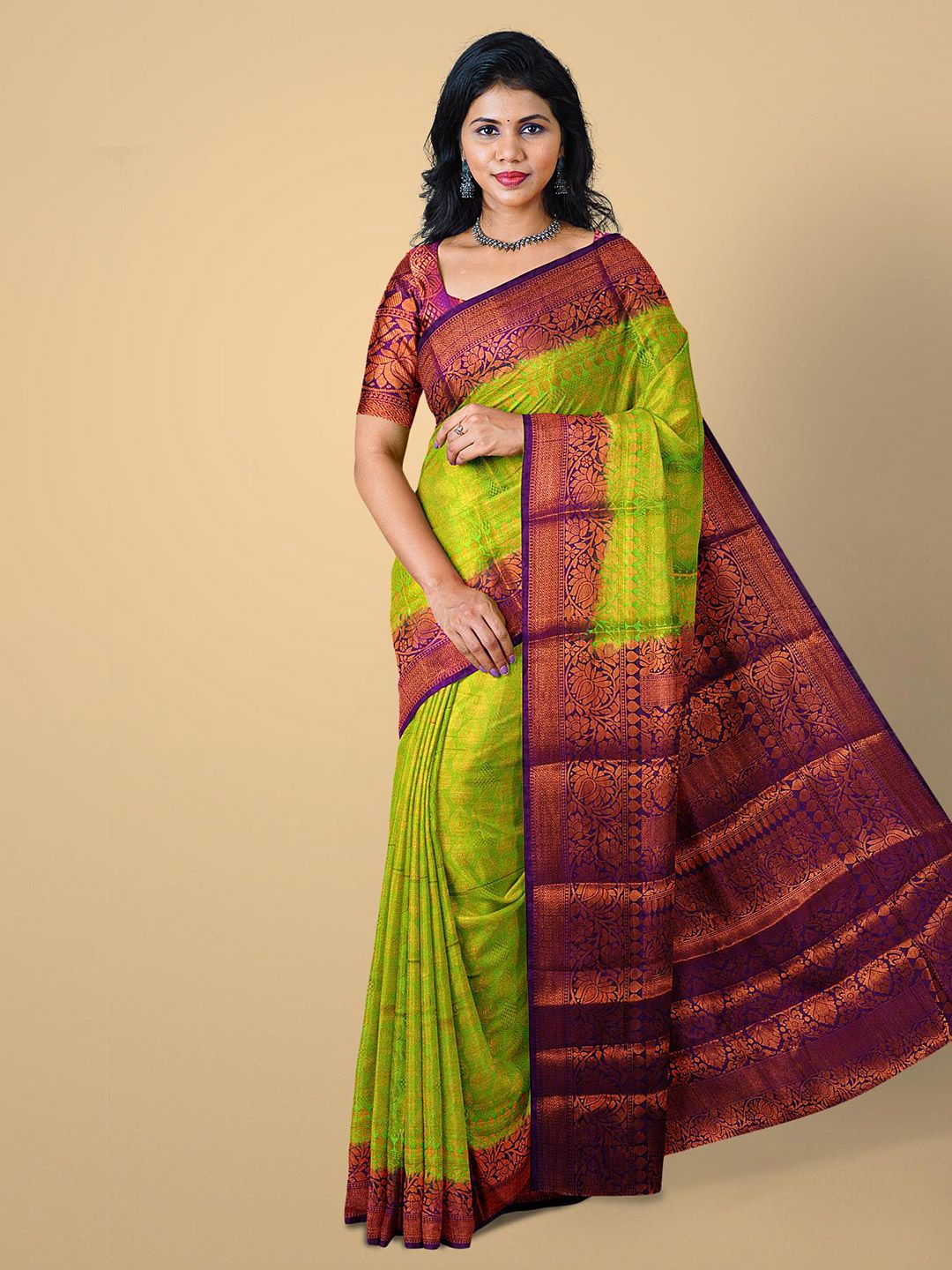 Kalamandir Green & Maroon Woven Design Zari Silk Blend Saree Price in India