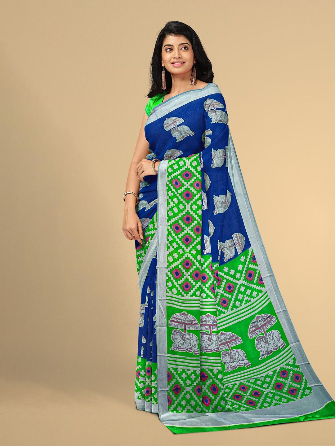 Kalamandir Blue & Green Ethnic Motifs Silk Blend Saree with Unstitched Blouse Piece Price in India