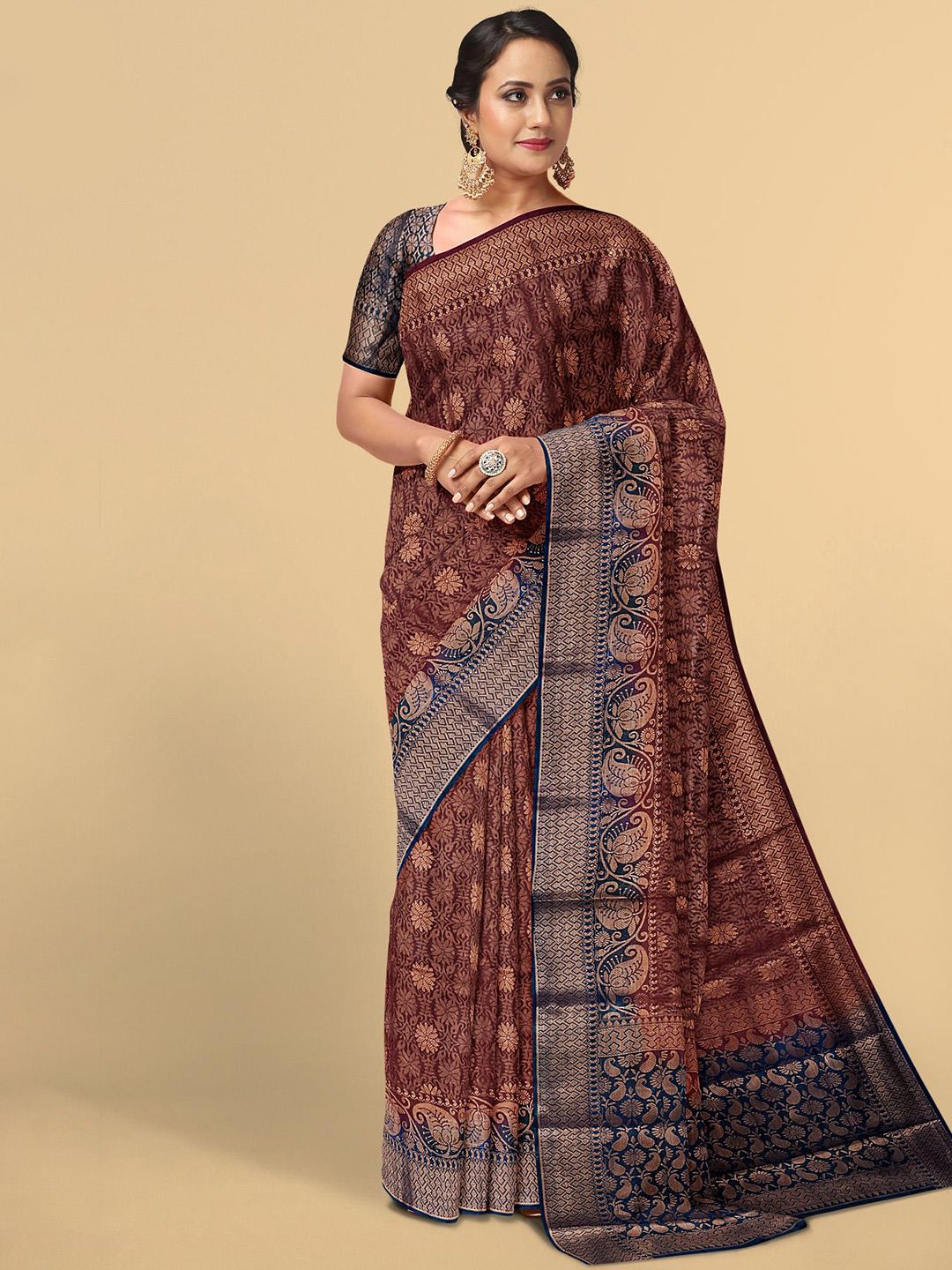 Kalamandir Maroon & Blue Floral Zari Silk Blend Saree Price in India