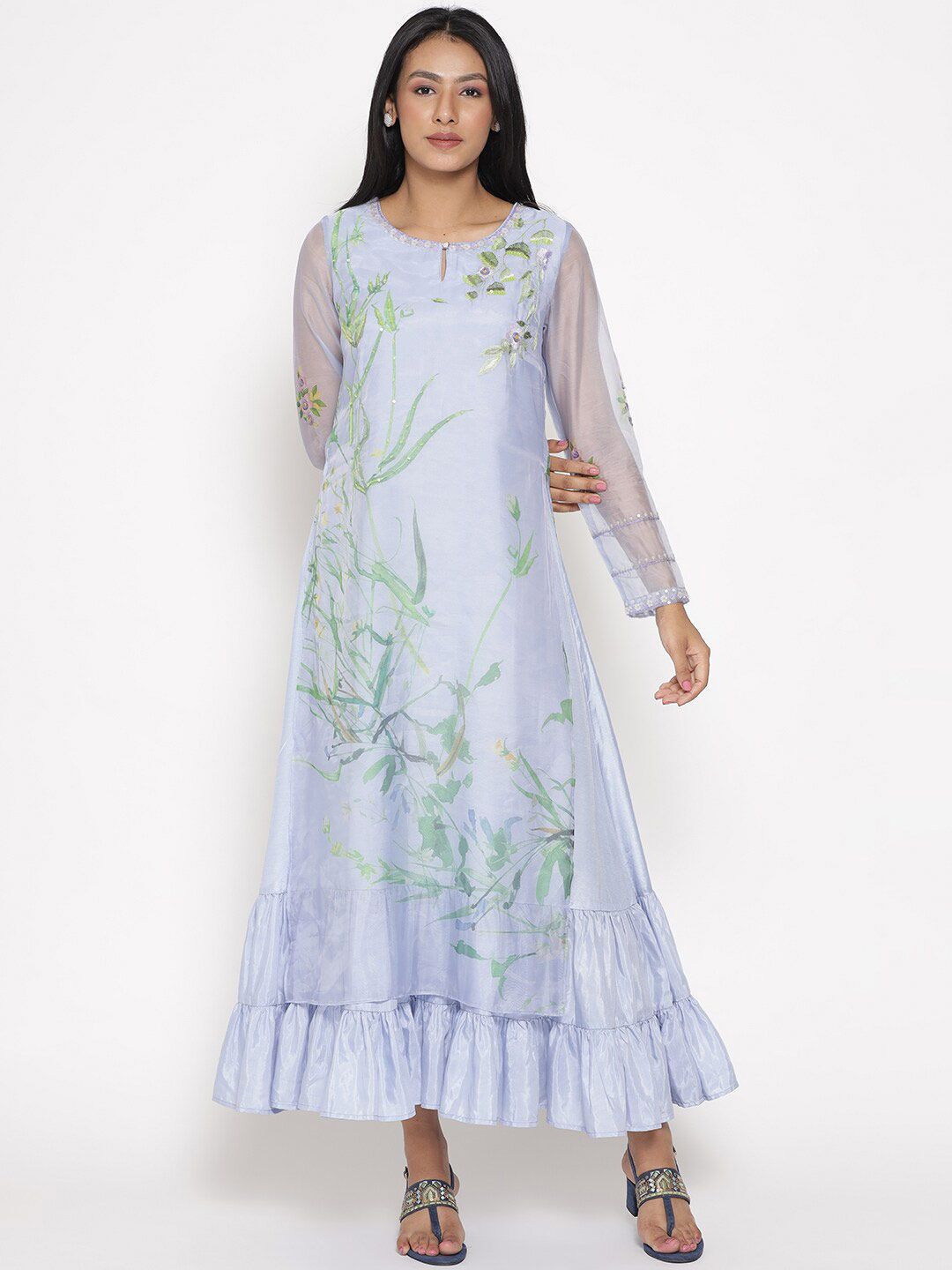 WISHFUL Women Light Purple Floral Printed and Embroidered Keyhole Neck Ethnic Maxi Dress Price in India