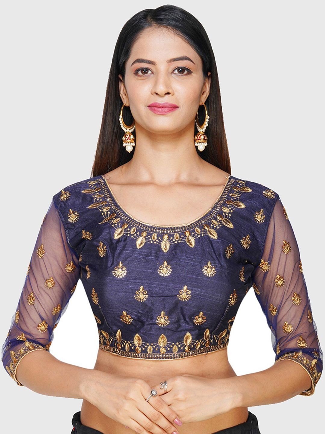 Trendzmy Women Navy Blue Embroidered Saree Blouse Price in India
