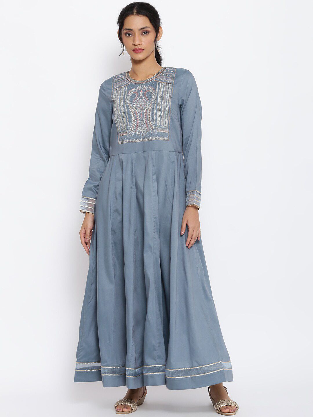 WISHFUL Women Blue Ethnic Motifs Embroidered Ethnic Maxi Dress Price in India