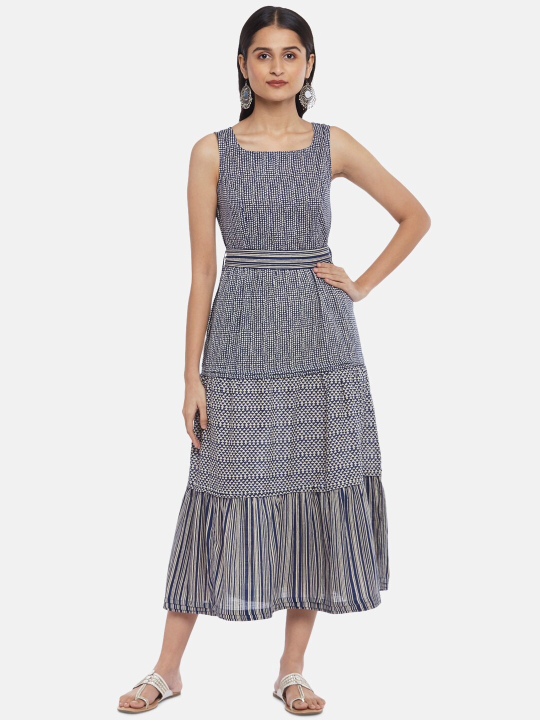 AKKRITI BY PANTALOONS Women Blue & White Printed Sleeveless Midi Dress Price in India