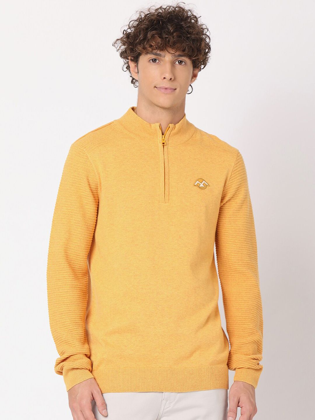 Mufti Men Mustard Solid Long Sleeves Pullover