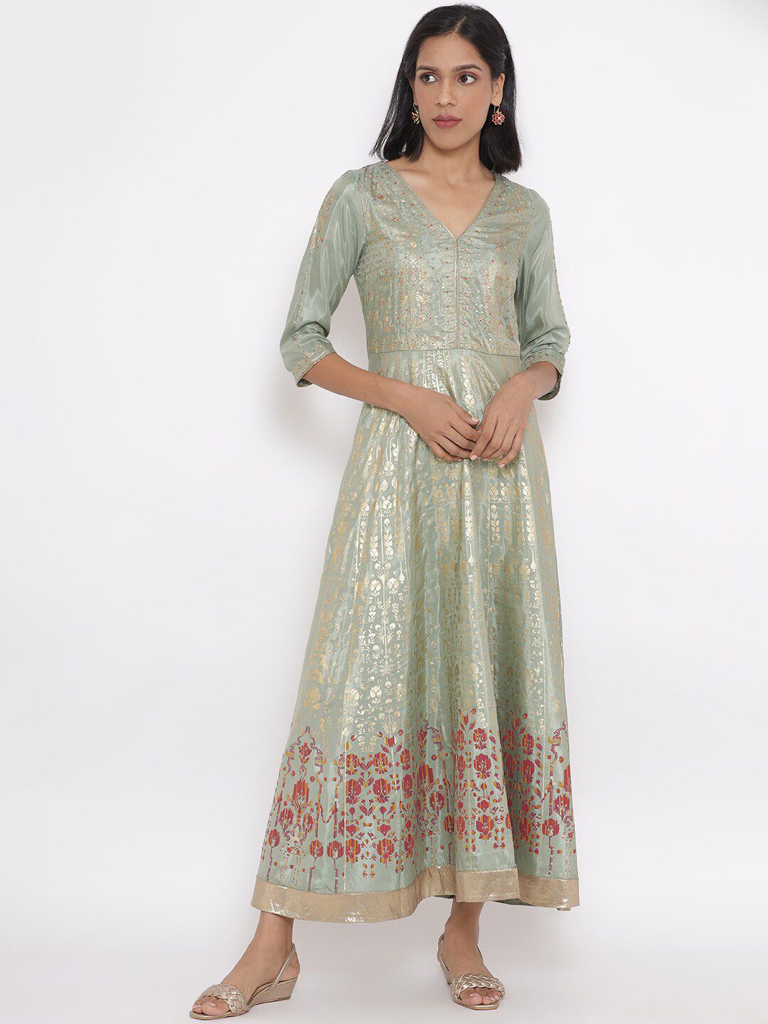 W Green Ethnic Motifs Ethnic Maxi Dress Price in India