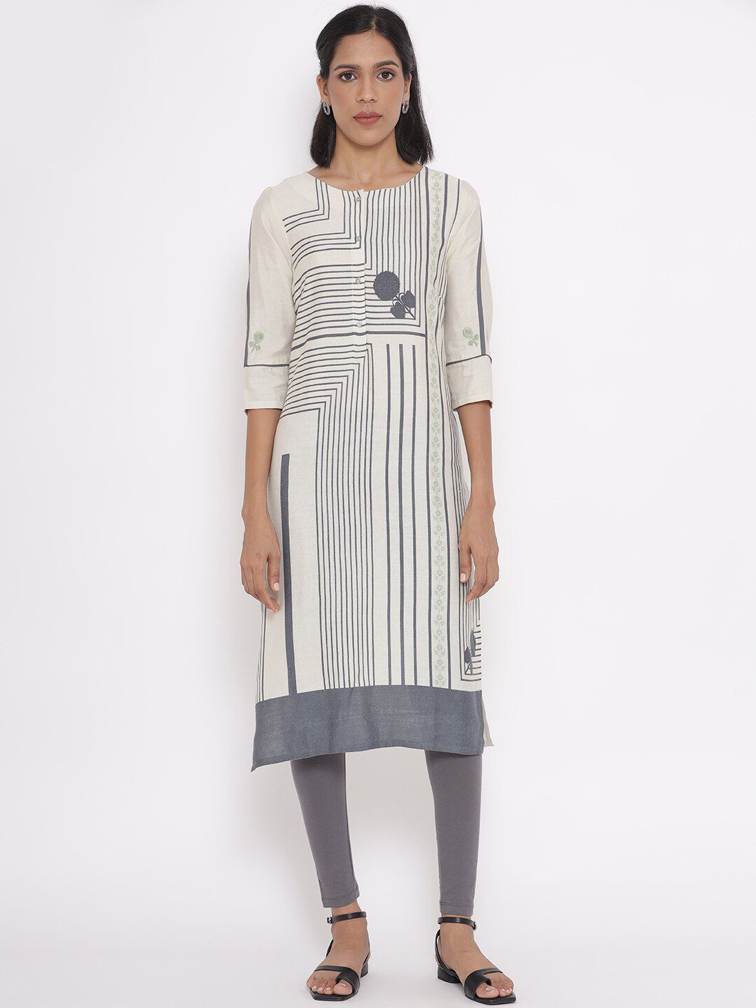 W Women White & Grey Striped A-Line Kurta Price in India