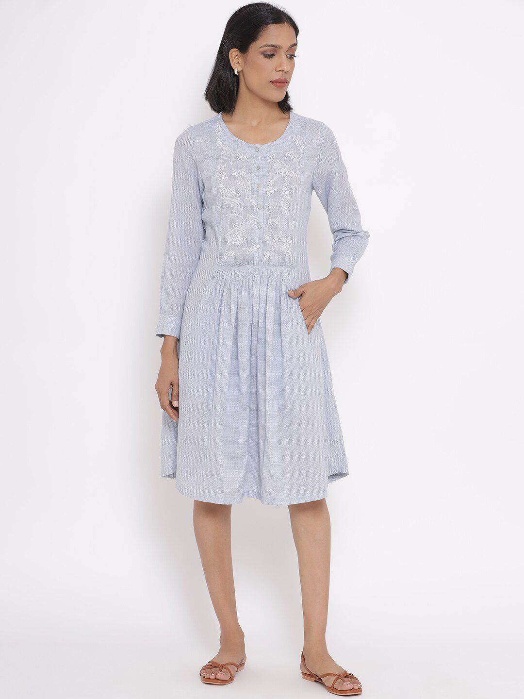 W Women Blue & White Embroidered Fit and Flare Dress Price in India