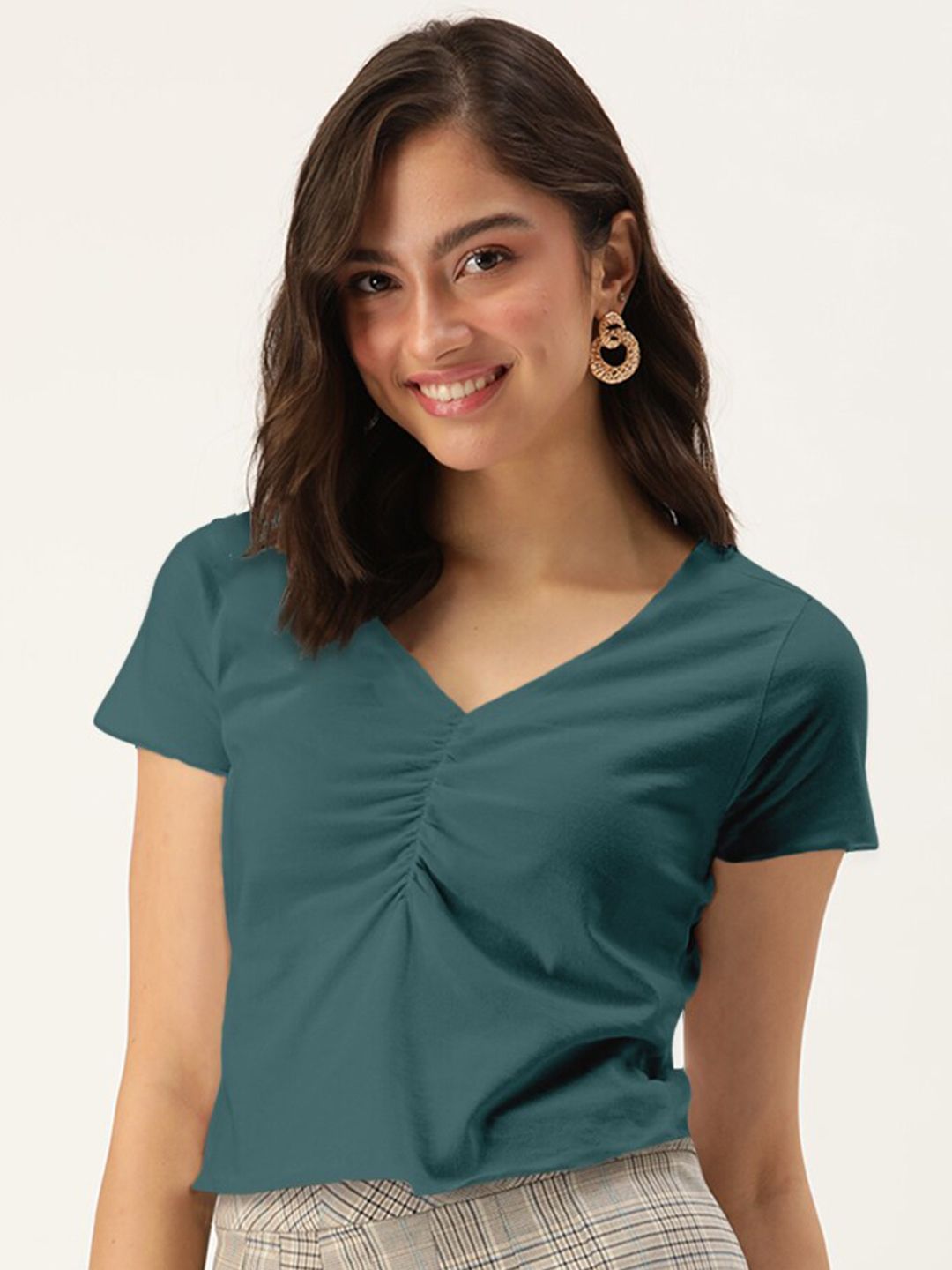 DressBerry Women Teal V-Neck Solid Crop Top Price in India