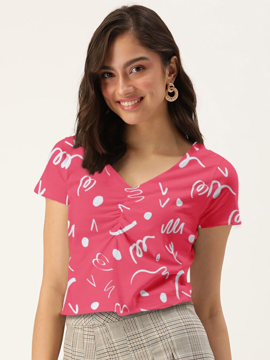 DressBerry Women Pink Printed Ruched Crop Top Price in India