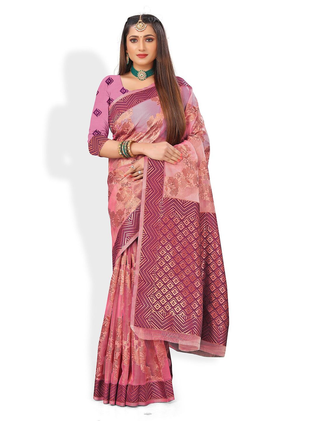 Rivana Pink & Gold-Toned Ethnic Motifs Zari Organza Banarasi Saree Price in India