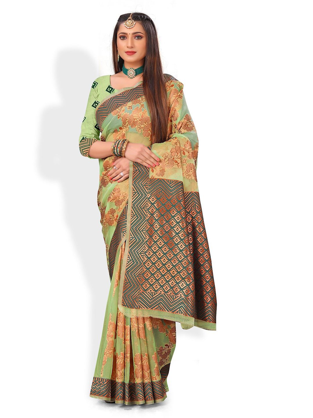 Rivana Green & Brown Woven Design Zari Organza Banarasi Saree Price in India