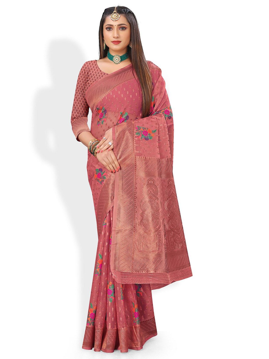 Rivana Pink & Gold-Toned Woven Design Zari Organza Banarasi Saree Price in India