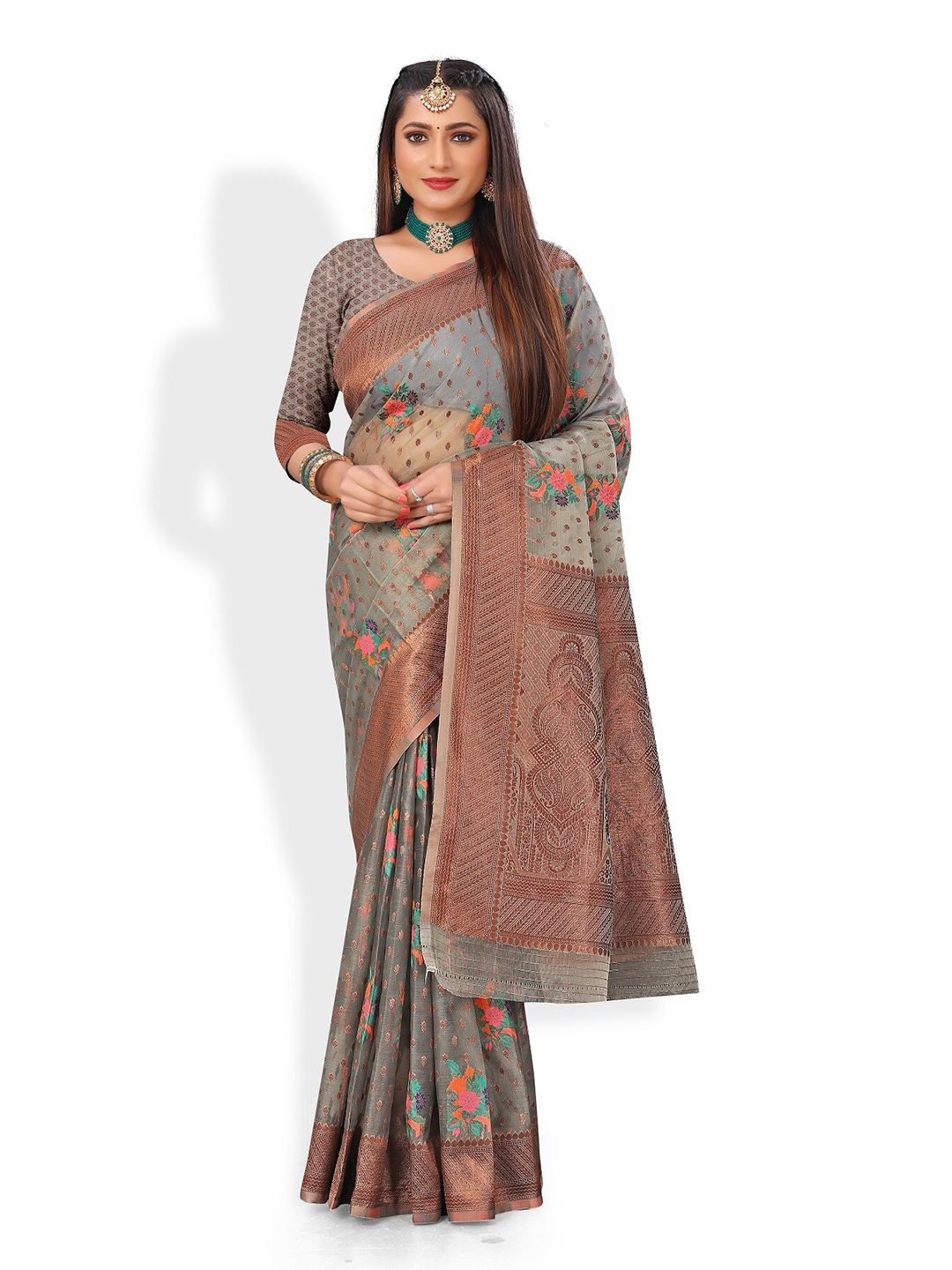 Rivana Grey & Gold-Toned Woven Design Zari Organza Banarasi Saree Price in India