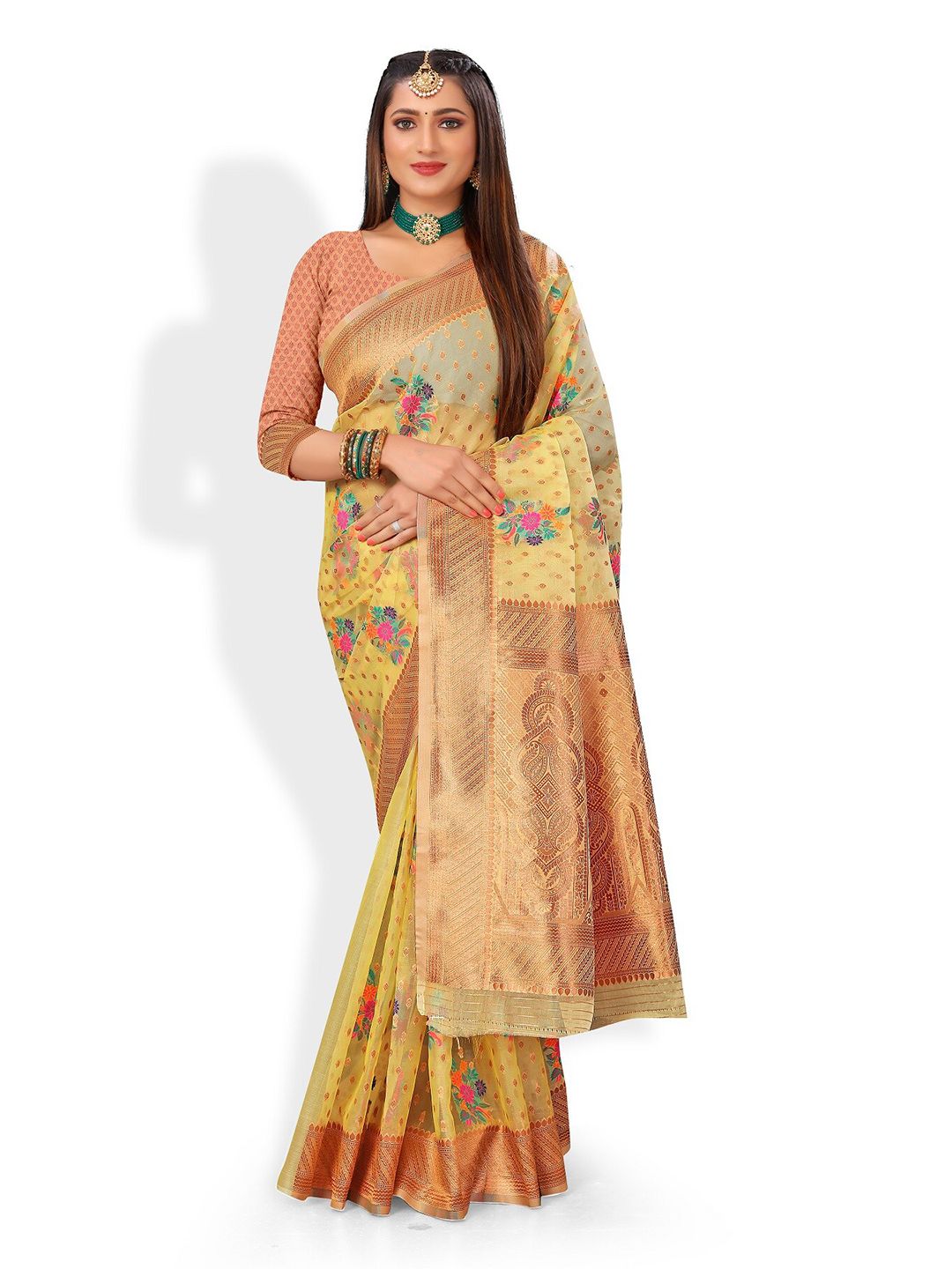Rivana Yellow & Gold-Toned Woven Design Organza Banarasi Saree Price in India