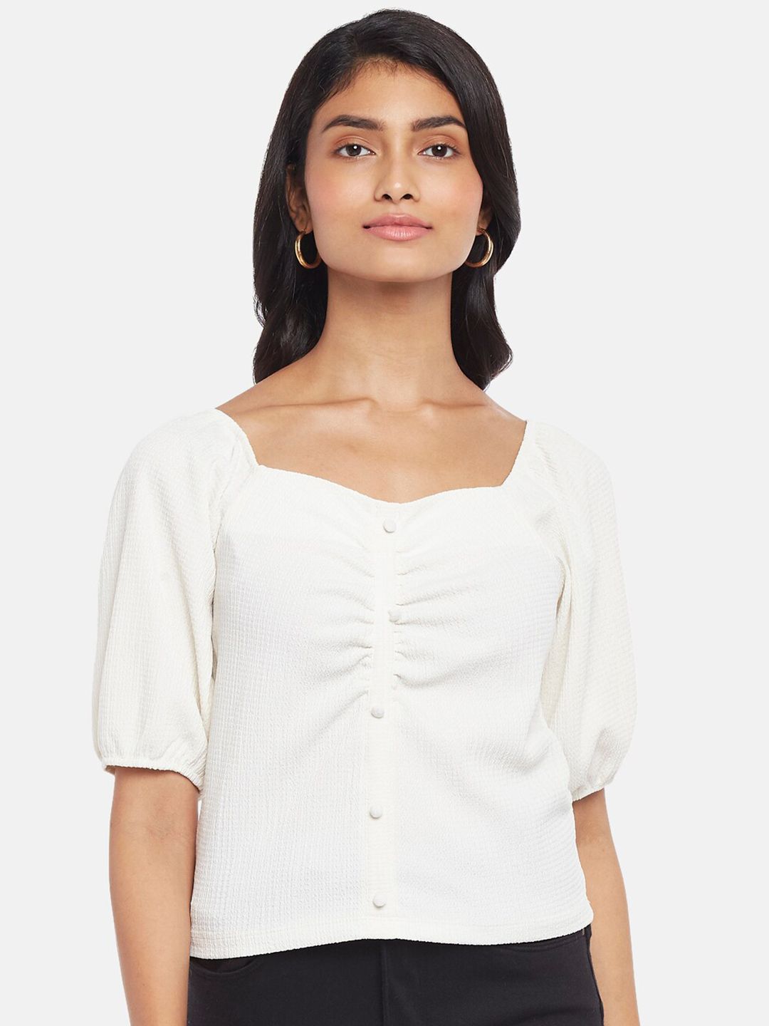 Honey by Pantaloons Off White Solid Sweetheart Neck Top Price in India