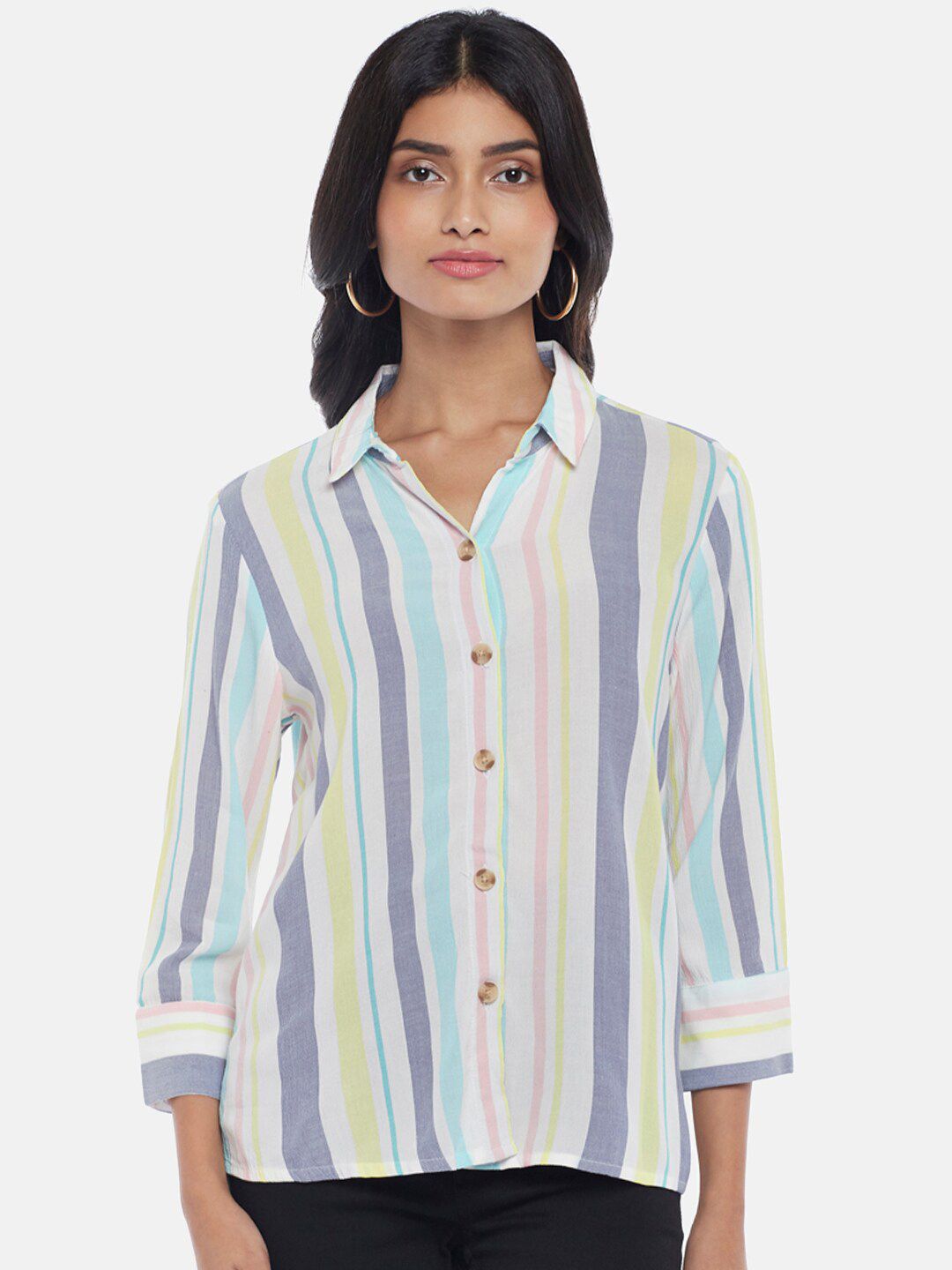 Honey by Pantaloons Women Off White & Blue Striped Shirt Style Top Price in India