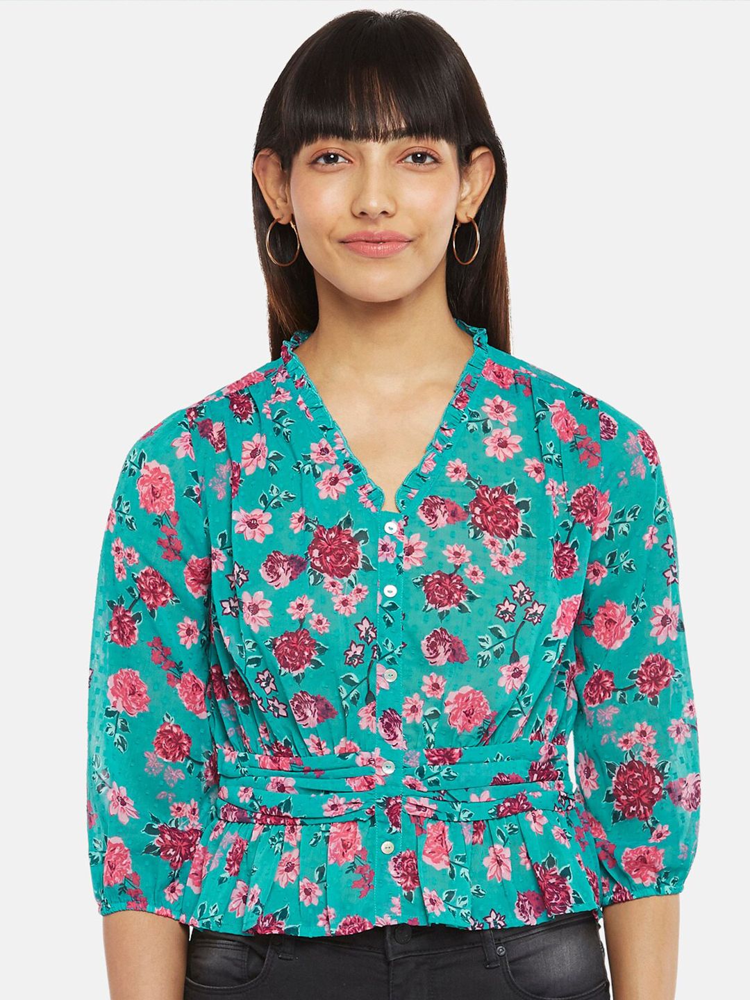 People Green Floral Print Cinched Waist Top Price in India