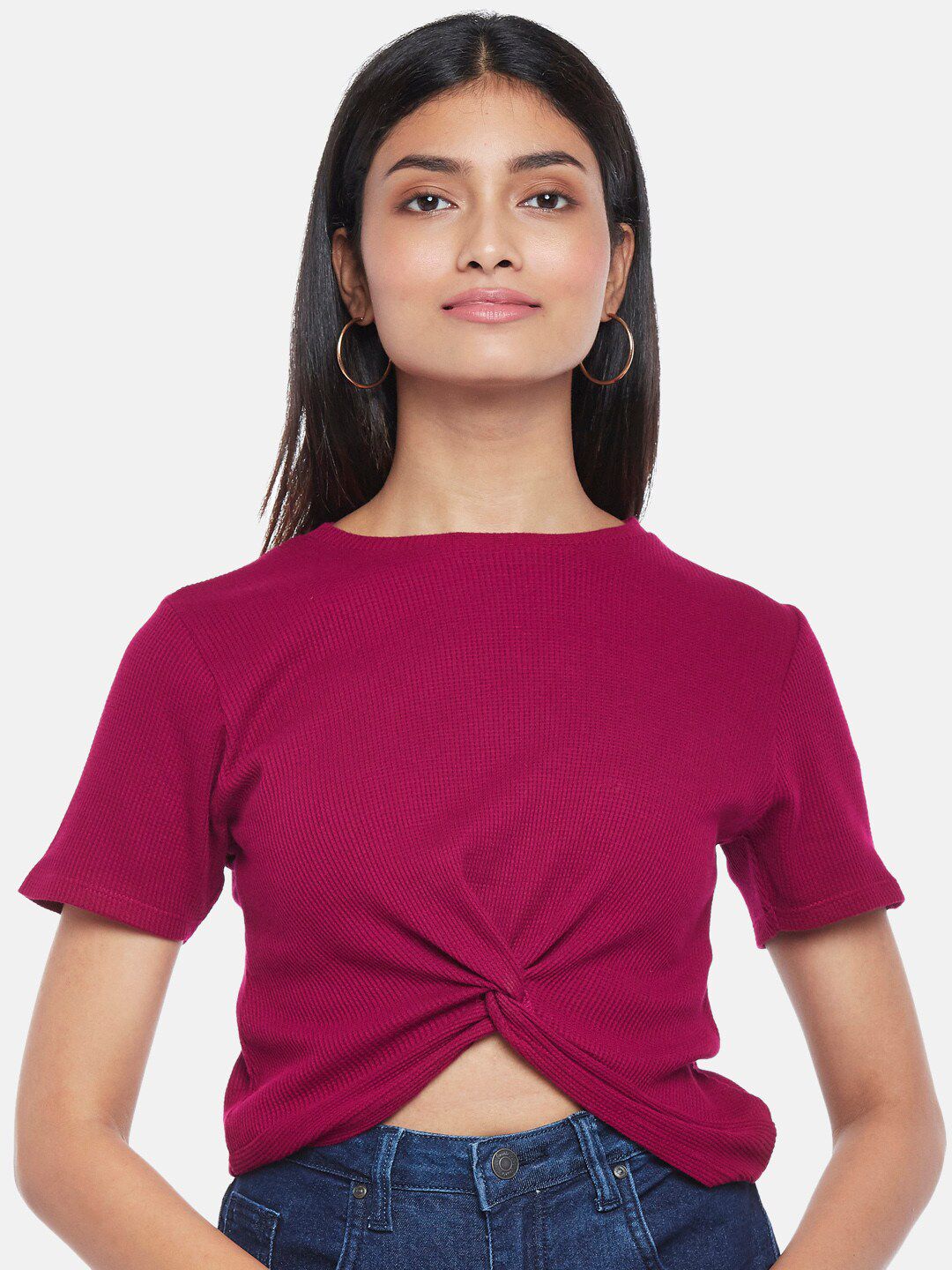People Women Pink Solid Cotton Crop Top Price in India