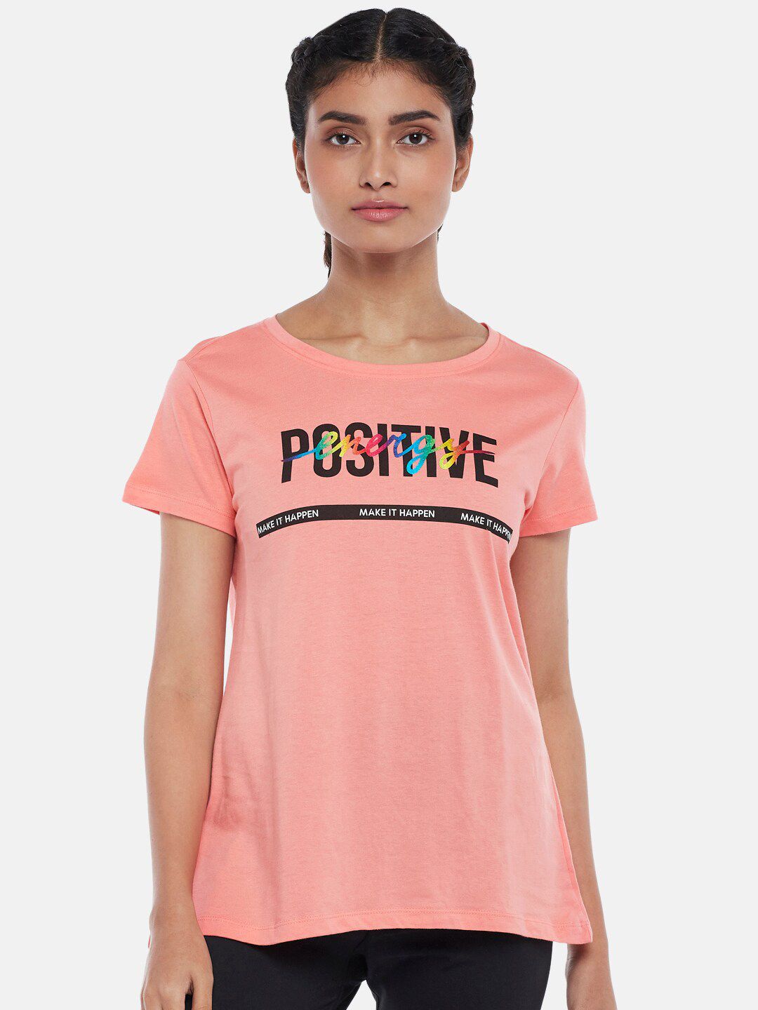 Ajile by Pantaloons Women Coral Typography Printed T-shirt Price in India