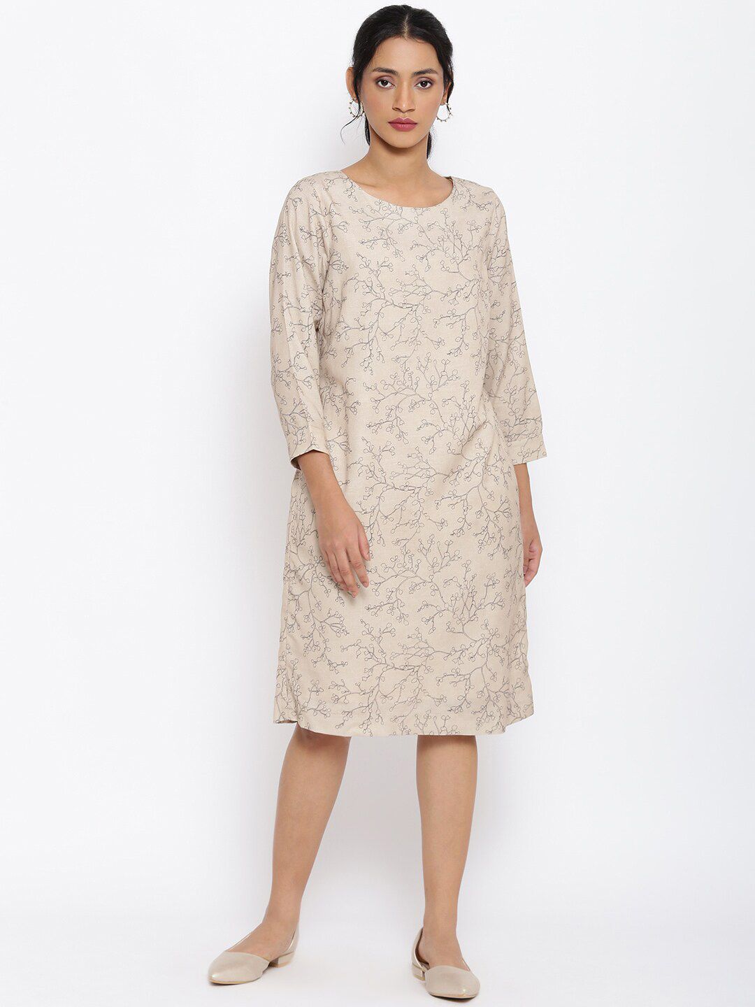 W Women Brown Floral Printed A-Line Dress Price in India