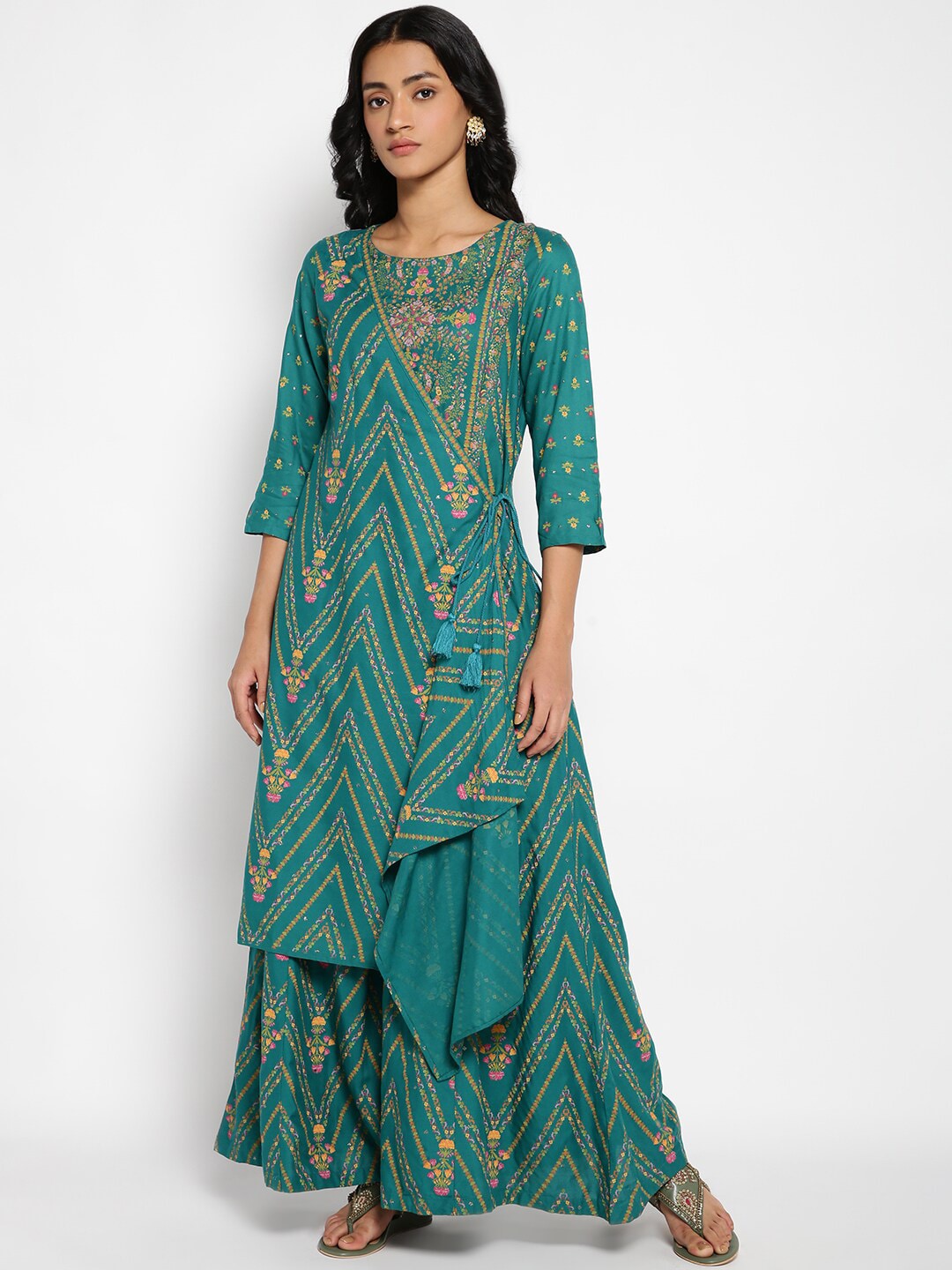 W Teal & Pink Printed Basic Jumpsuit with Layered Price in India