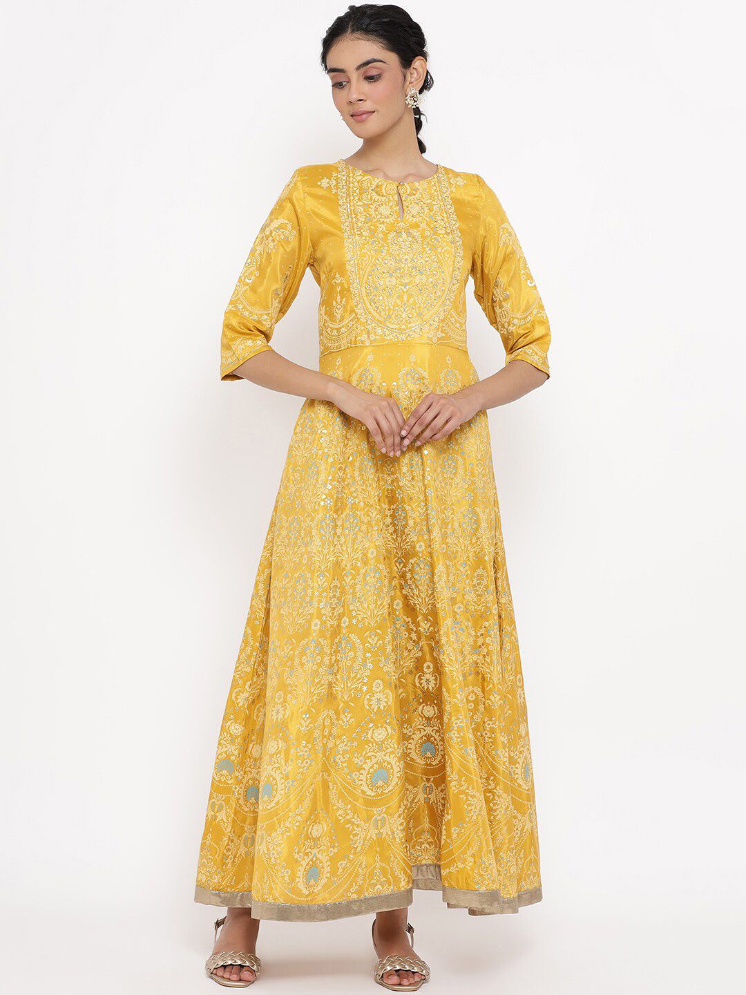 W Women Yellow Floral Printed Keyhole Neck Maxi Dress Price in India