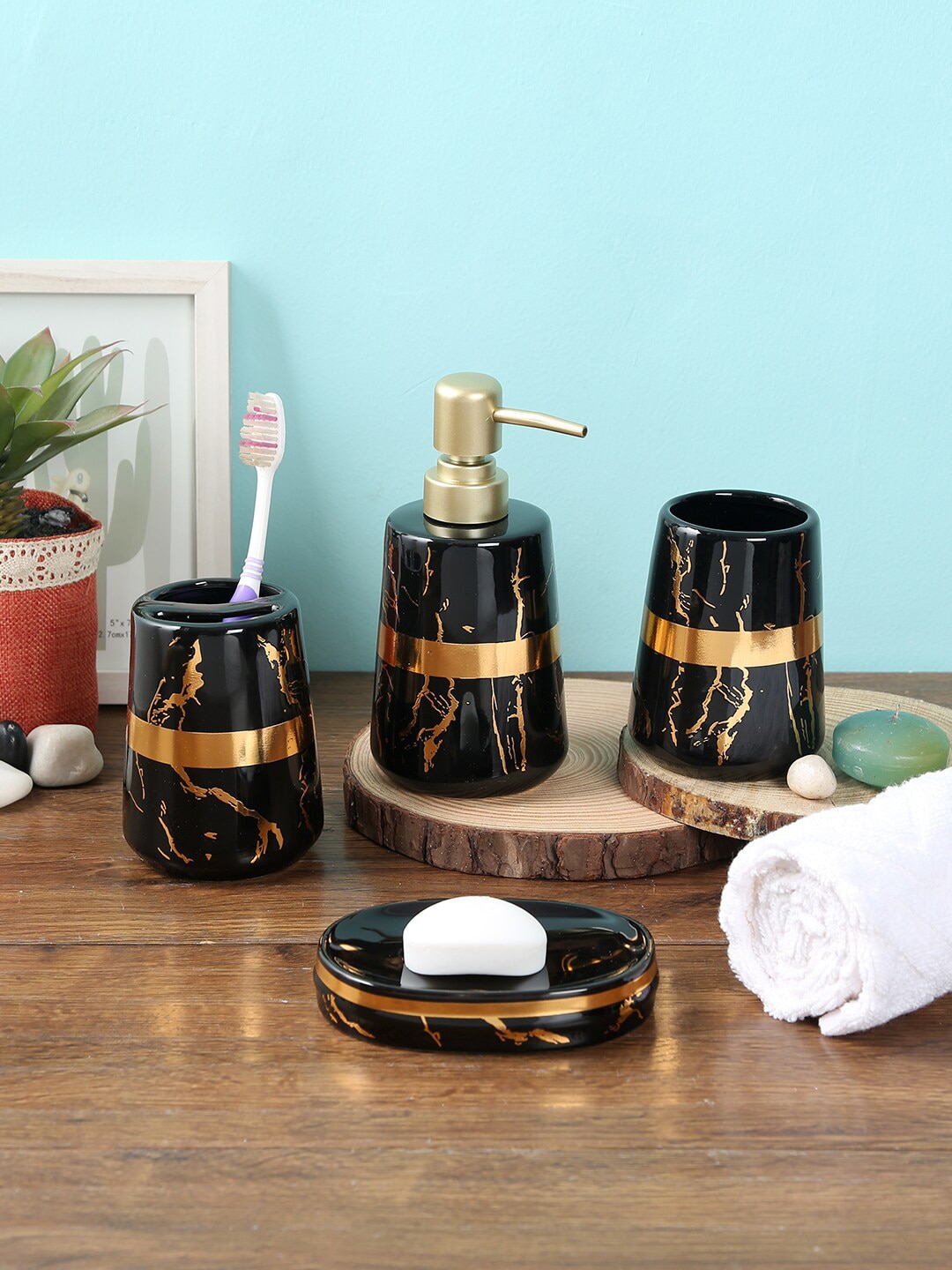 House Of Accessories Pack of 4 Black & Gold Printed Bathroom Accessories Price in India