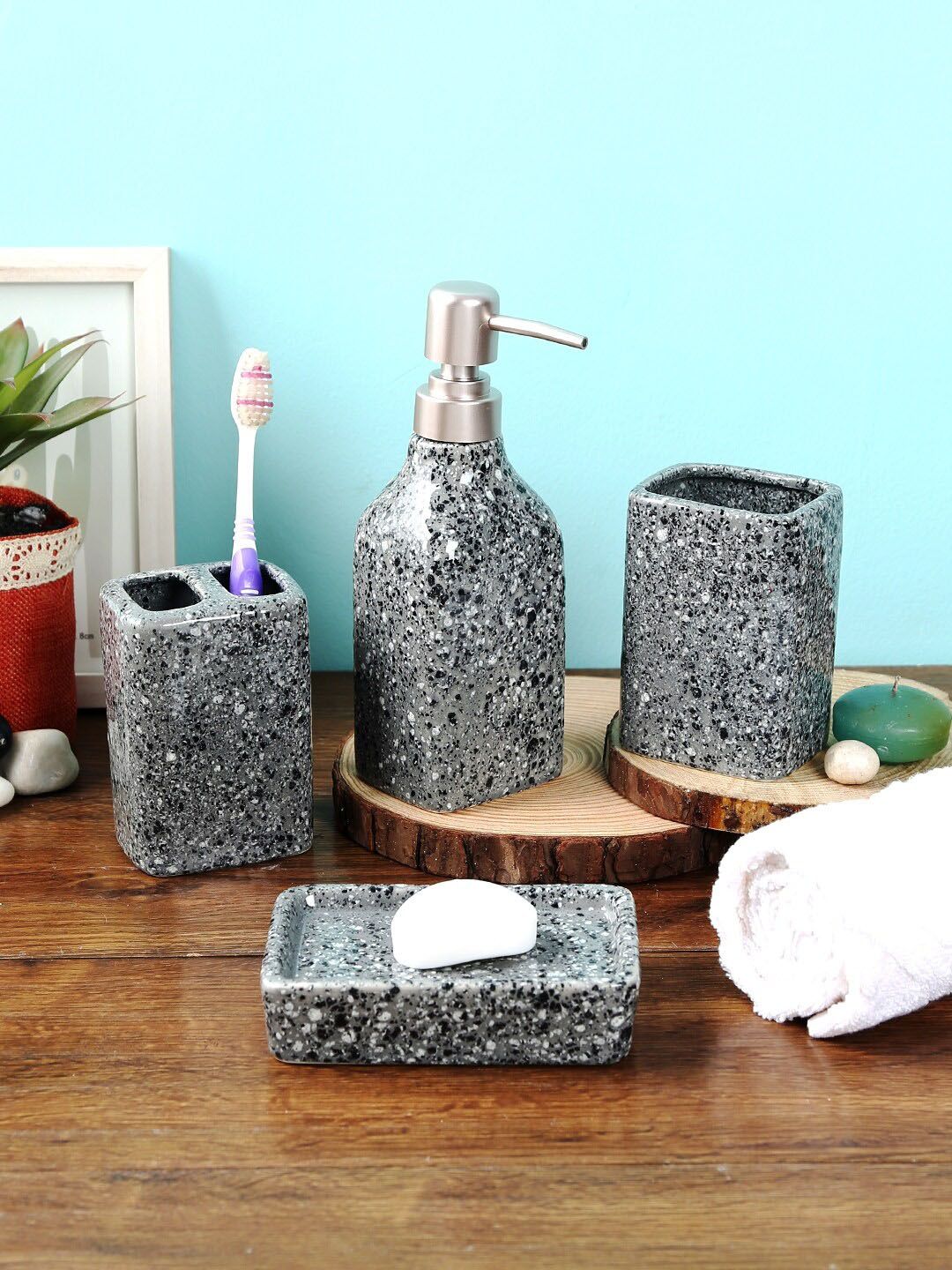 House Of Accessories Grey Textured Ceramic Bathroom Accessories Set of 4 Price in India