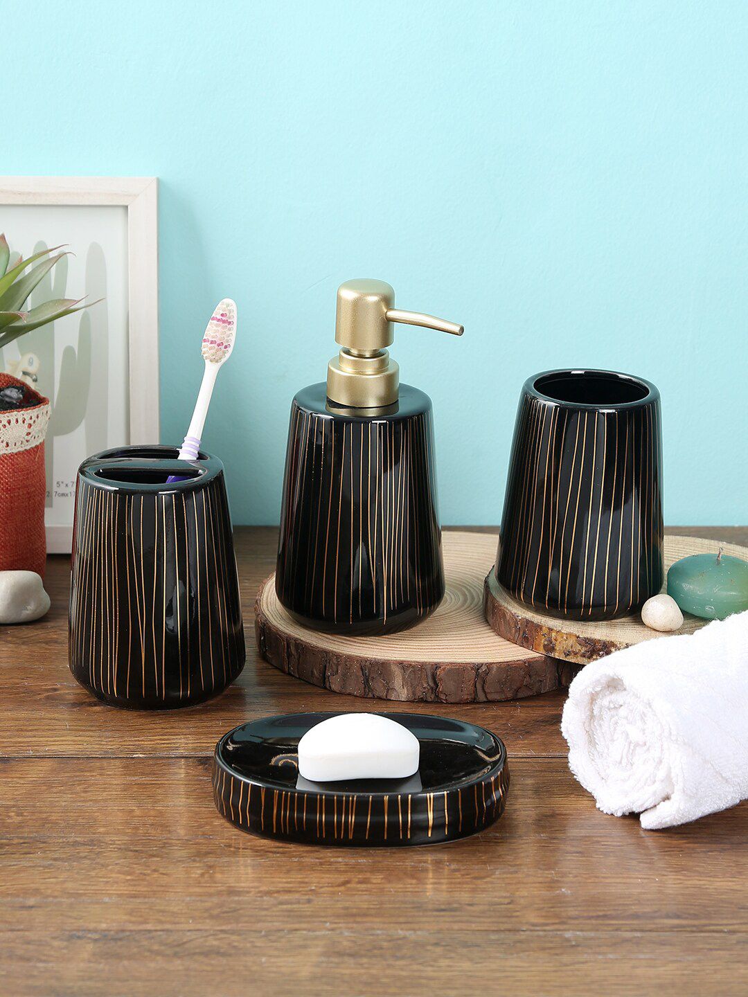 House Of Accessories Pack of 4 Black Striped Bathroom Accessories Price in India